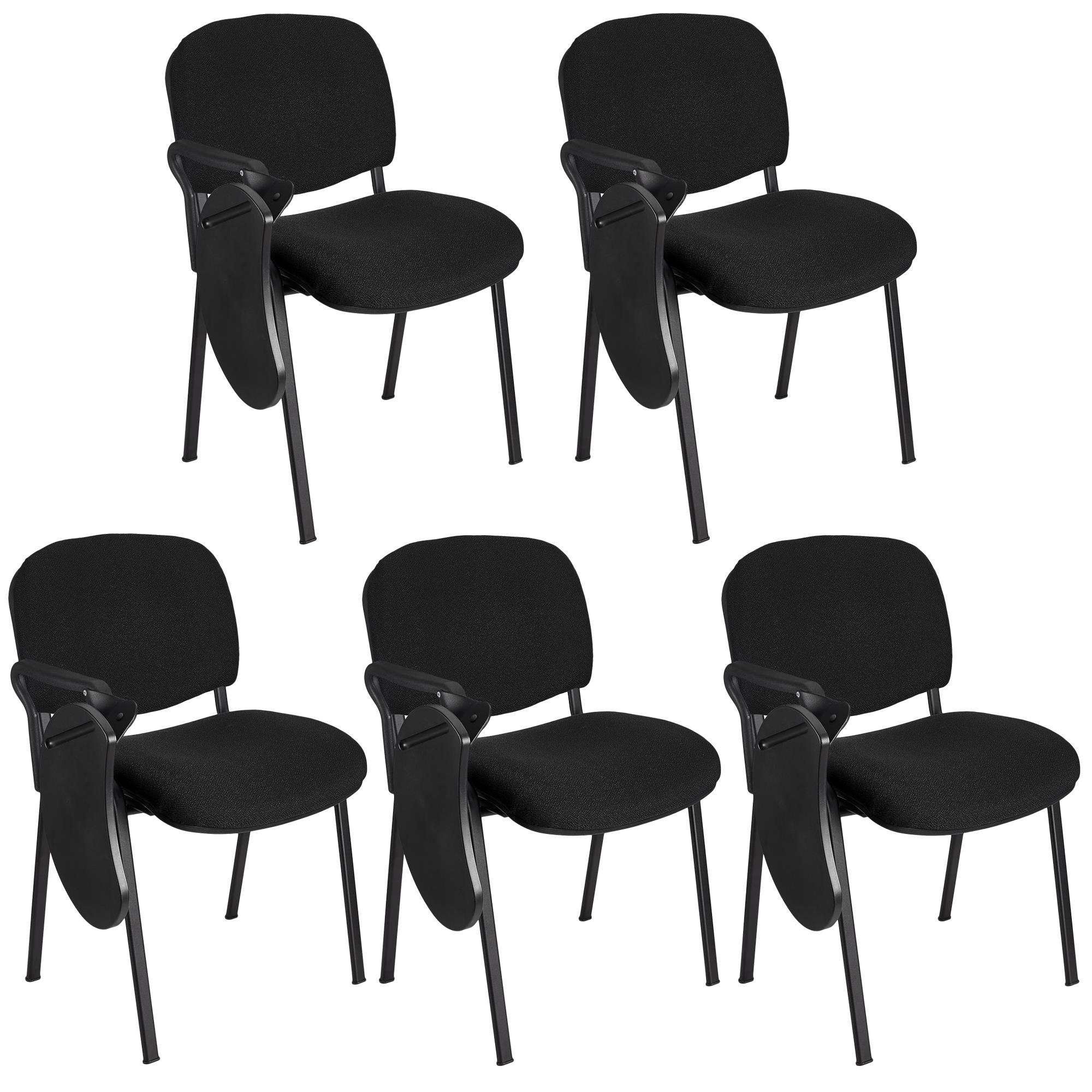 Im 5er-Set: Konferenzstuhl MOBY mit klappbarem Schreibbrett, stapelbar und praktisch, schwarzes Gestell, Farbe Schwarz