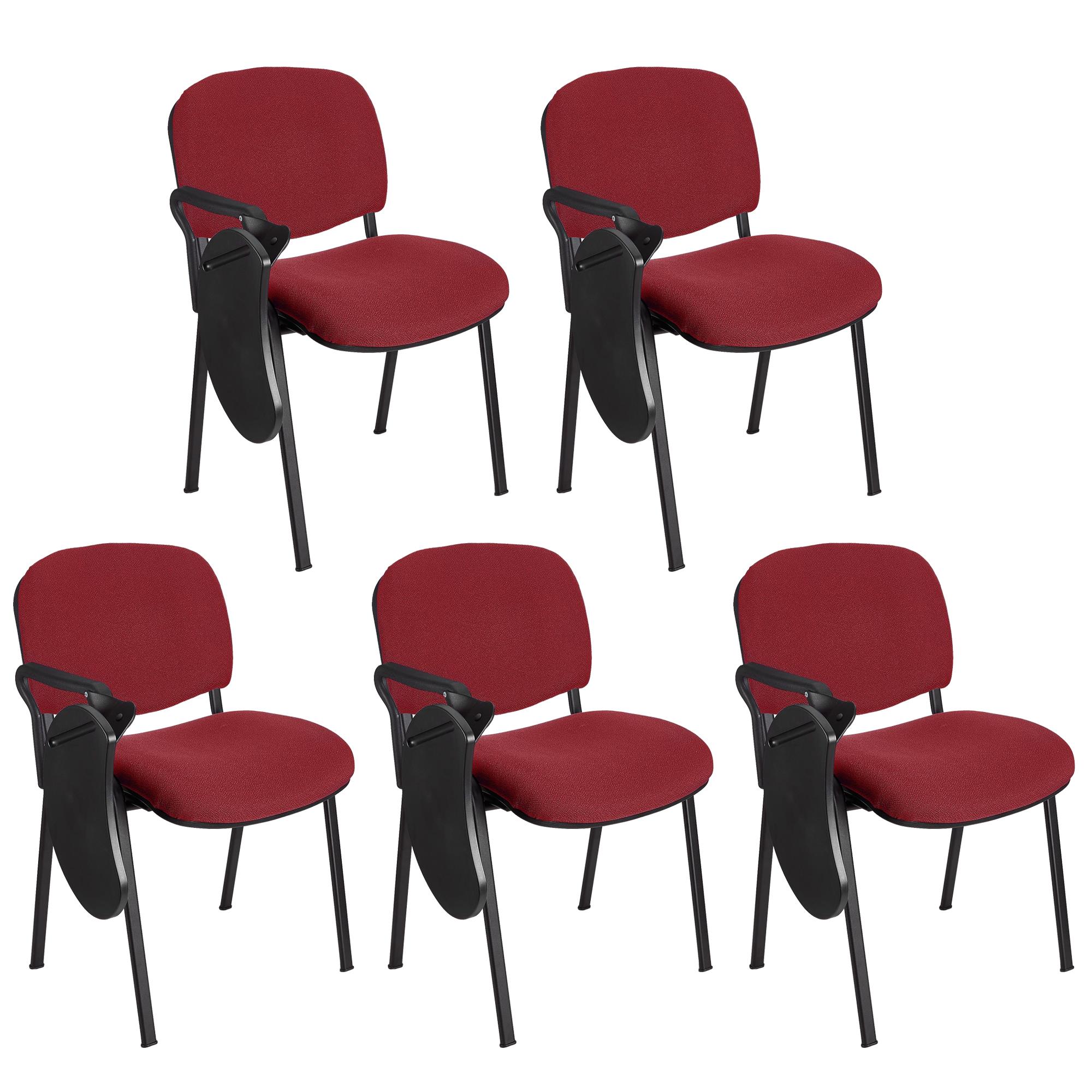 Im 5er-Set: Konferenzstuhl MOBY mit klappbarem Schreibbrett, stapelbar und praktisch, schwarzes Gestell, Farbe Burgund