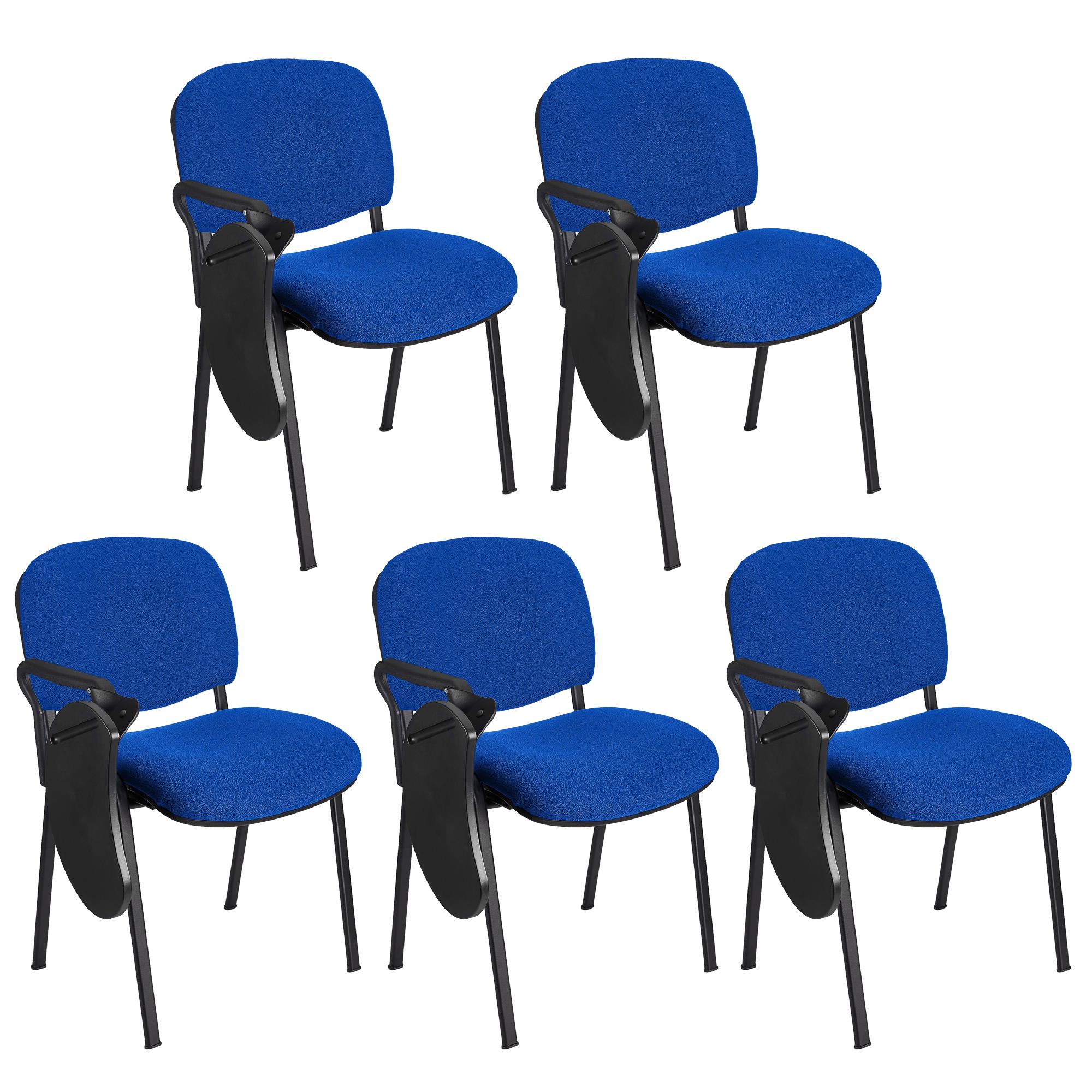 Im 5er-Set: Konferenzstuhl MOBY mit klappbarem Schreibbrett, stapelbar und praktisch, schwarzes Gestell, Farbe Blau