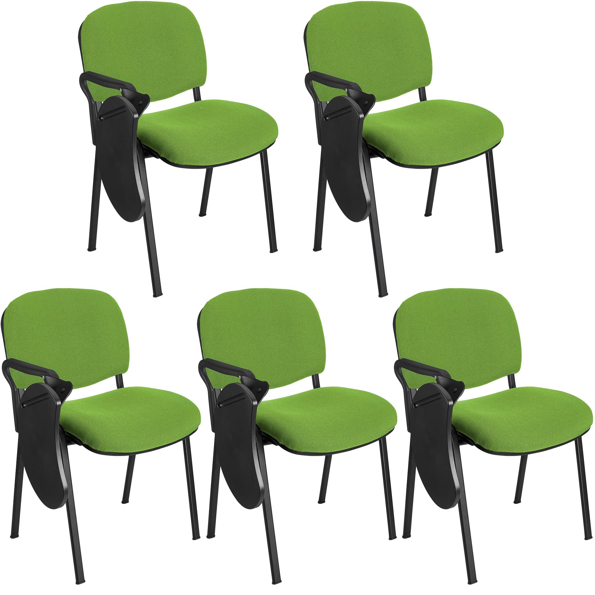 Im 5er-Set: Konferenzstuhl MOBY mit klappbarem Schreibbrett, stapelbar und praktisch, schwarzes Gestell, Farbe Limettengrün