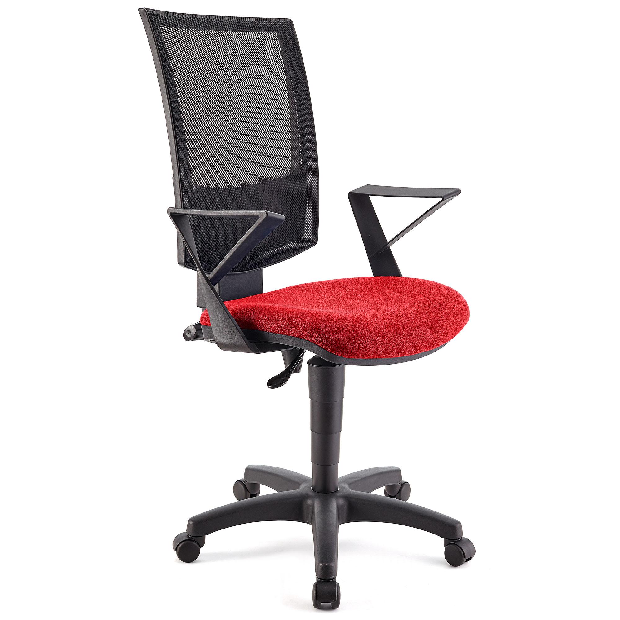 Bürostuhl PANDORA mit Armlehnen, Rückenlehne mit Netzbezug, dicke Polsterung, Farbe Rot