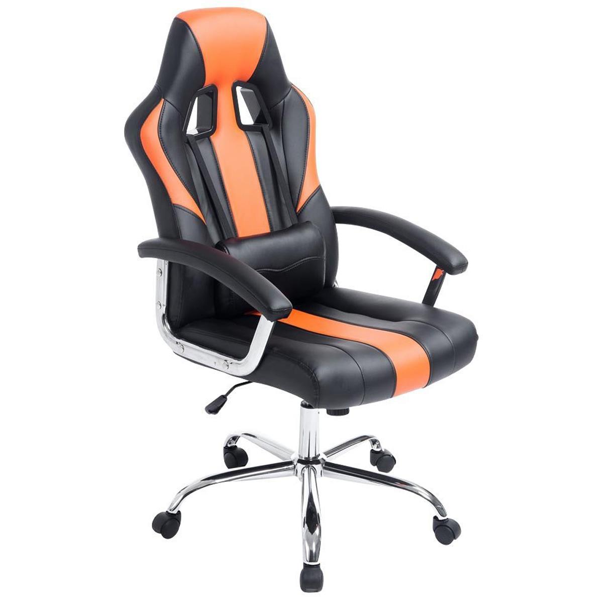 Gaming-Stuhl INDOS, sportliches Design, hoher Komfort, Metallfußkreuz, Lederbezug, Farbe Schwarz / Orange