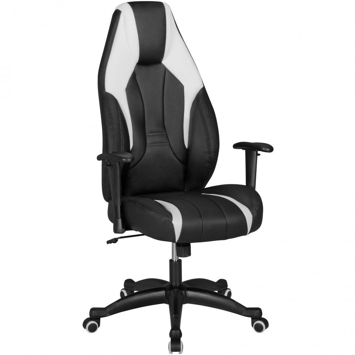Gaming-Stuhl URKO, neigbare Rückenlehne, verstellbare Armlehnen, Lederbezug, Farben Schwarz / Weiß