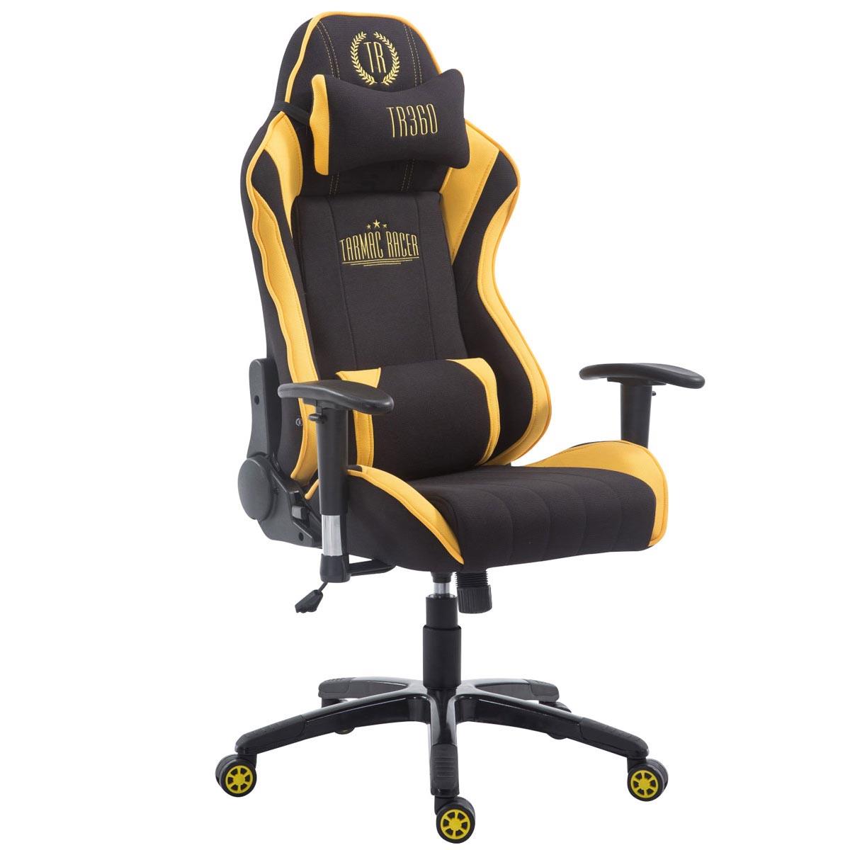 Gaming-Stuhl TURBO STOFF, neigbare Rückenlehne, Nacken- und Lordosekissen, Farbe Schwarz / Gelb
