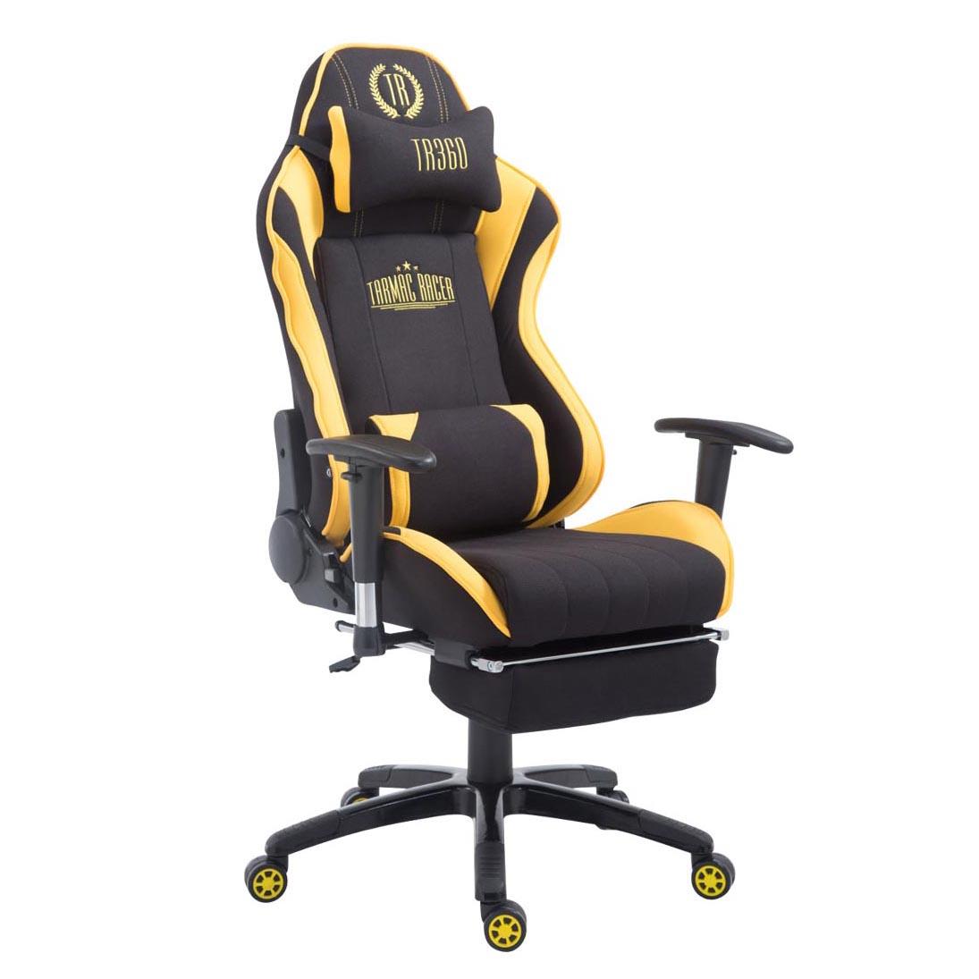 Gaming-Stuhl TURBO STOFF mit Fußablage, neigbare Rückenlehne, Nacken- und Lordosekissen, Farbe Schwarz / Gelb