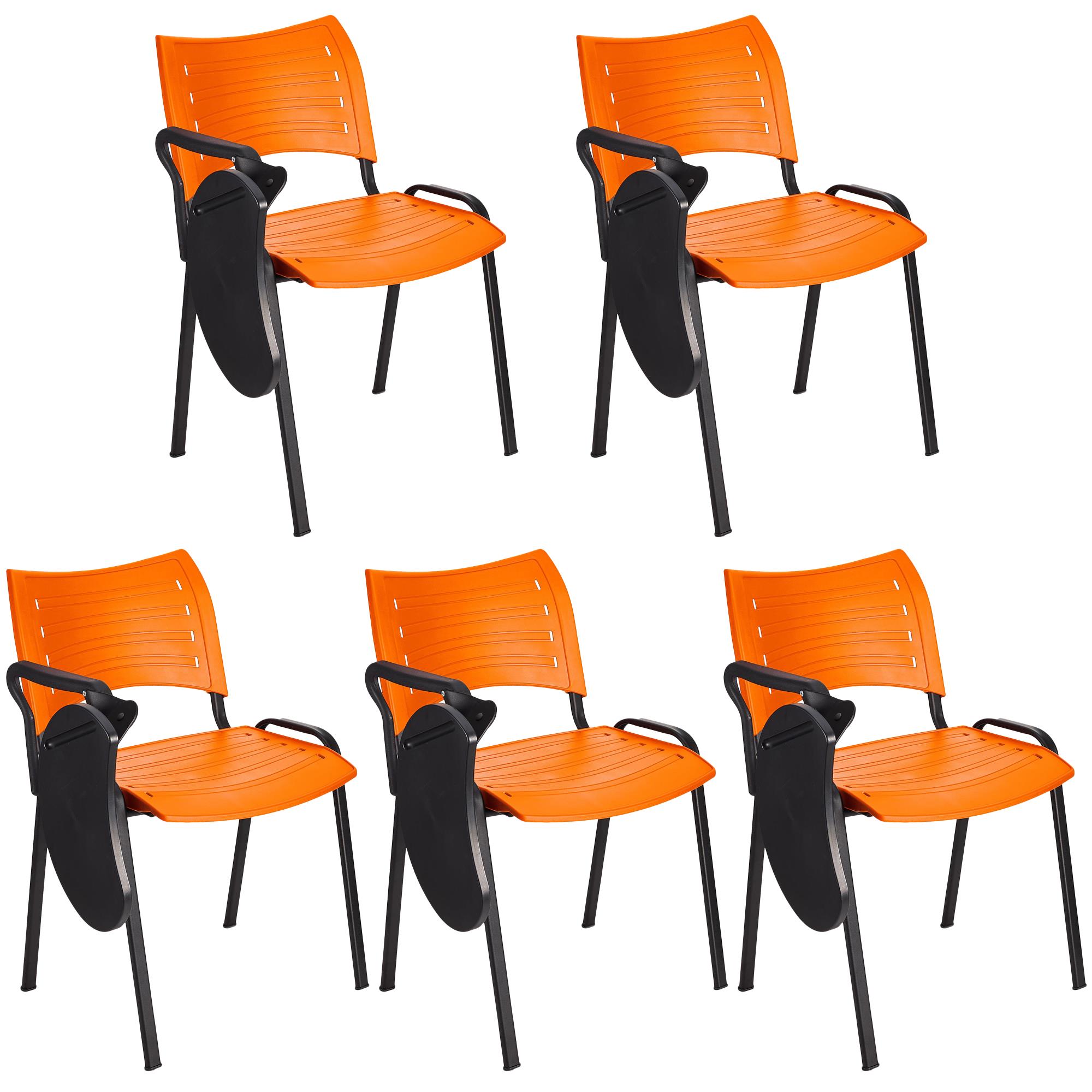 Im 5er-Set: Besucherstuhl ELVA B MIT SCHREIBBRETT, stapelbar und sehr praktisch, schwarze Stuhlbeine, Farbe Orange