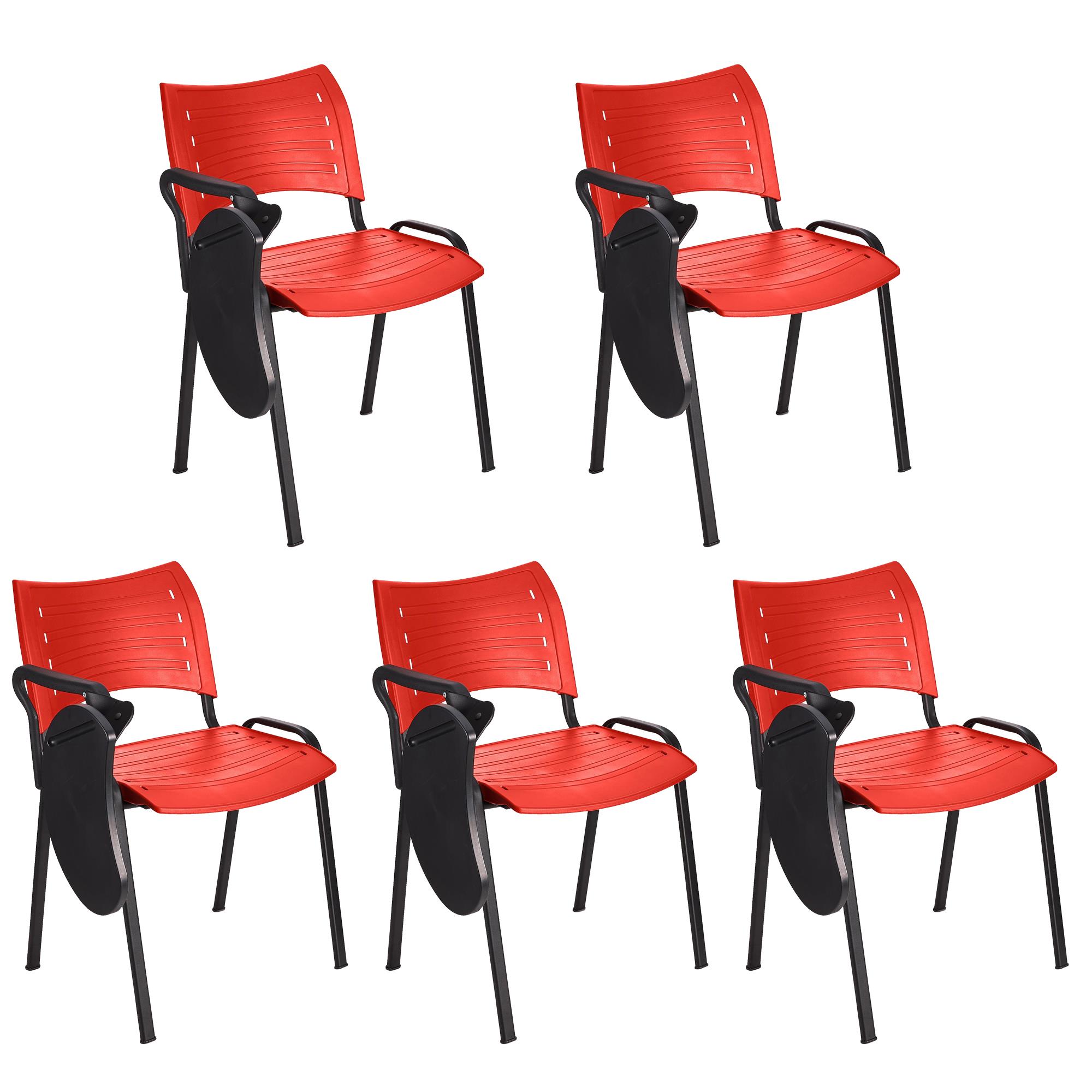Im 5er-Set: Besucherstuhl ELVA B MIT SCHREIBBRETT, stapelbar und sehr praktisch, schwarze Stuhlbeine, Farbe Rot