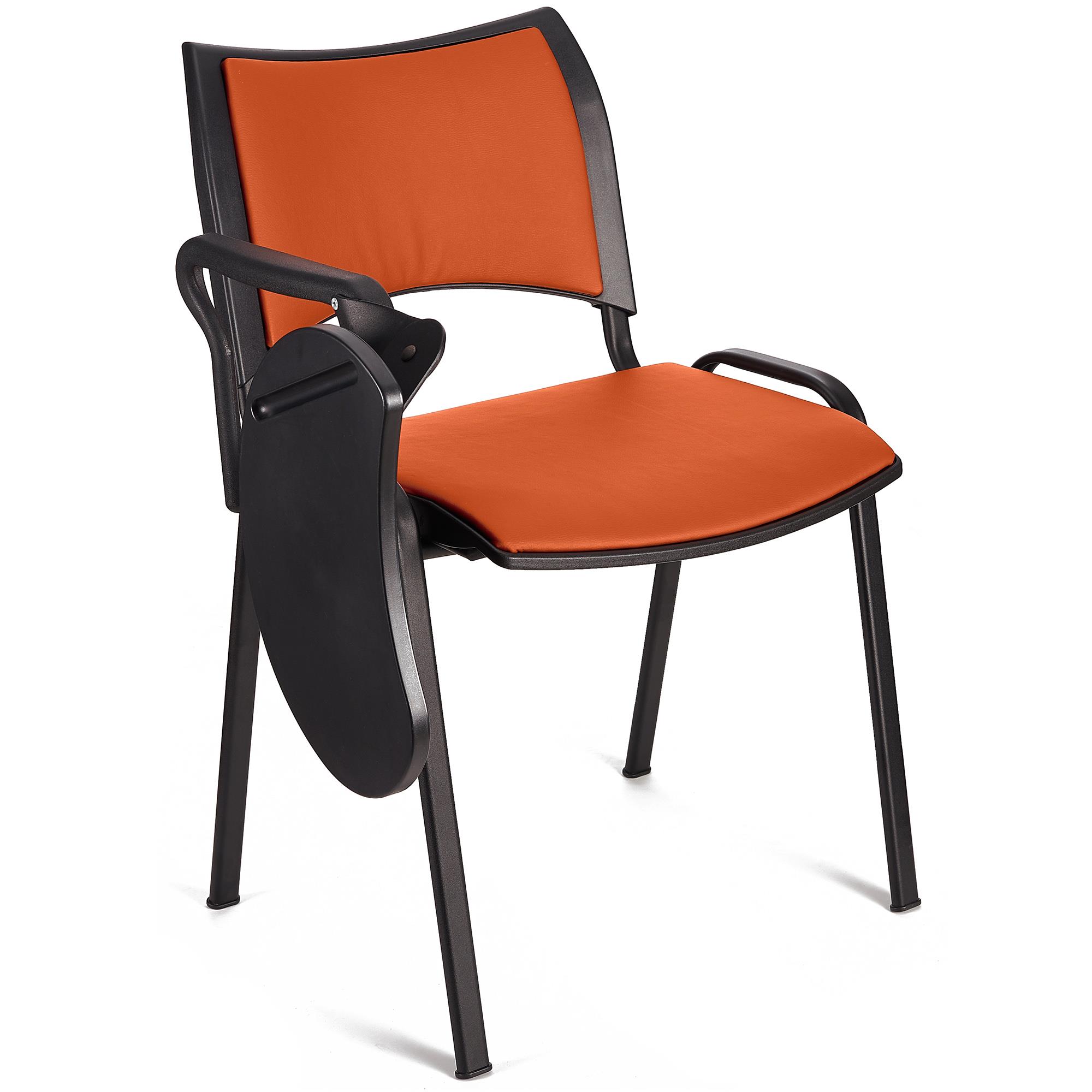 Besucherstuhl ROMEL LEDER MIT SCHREIBBRETT, bequeme Polsterung, stapelbar, schwarze Stuhlbeine, Farbe Orange