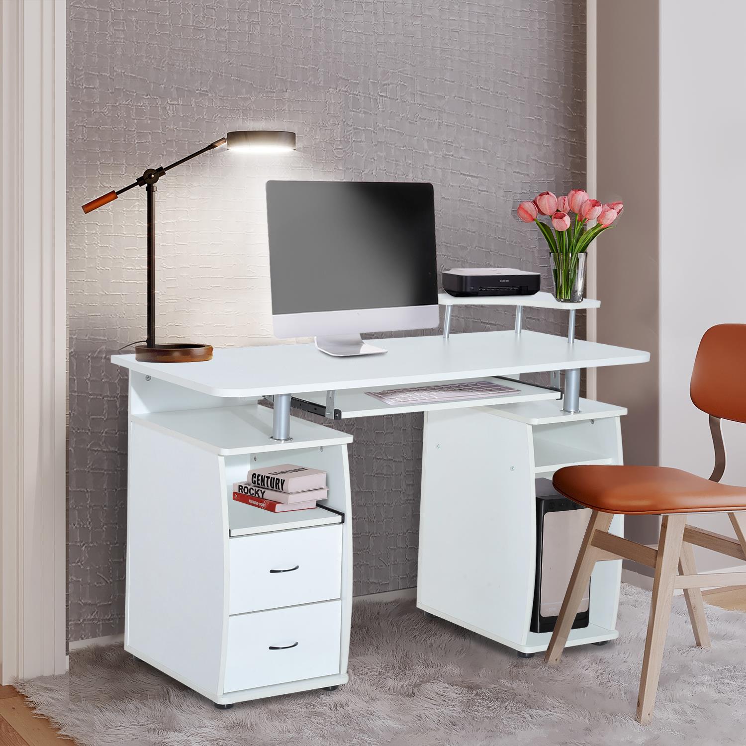 Bürotisch GRISO, mit Schubladen und Tastaturablage, 120x55x85cm, aus Holz, Farbe Weiß