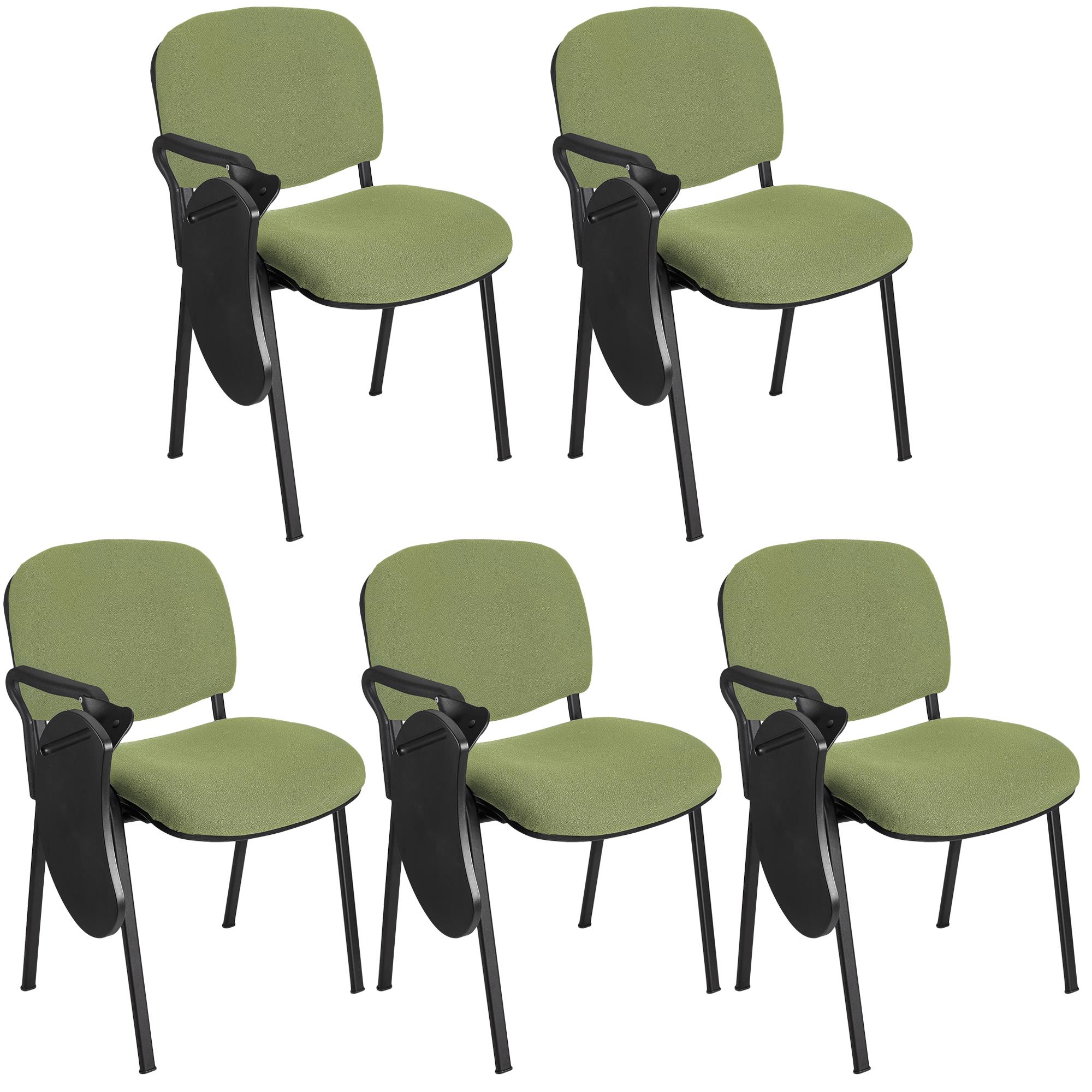 Im 5er-Set: Konferenzstuhl MOBY mit klappbarem Schreibbrett, stapelbar und praktisch, schwarzes Gestell, Farbe Grün