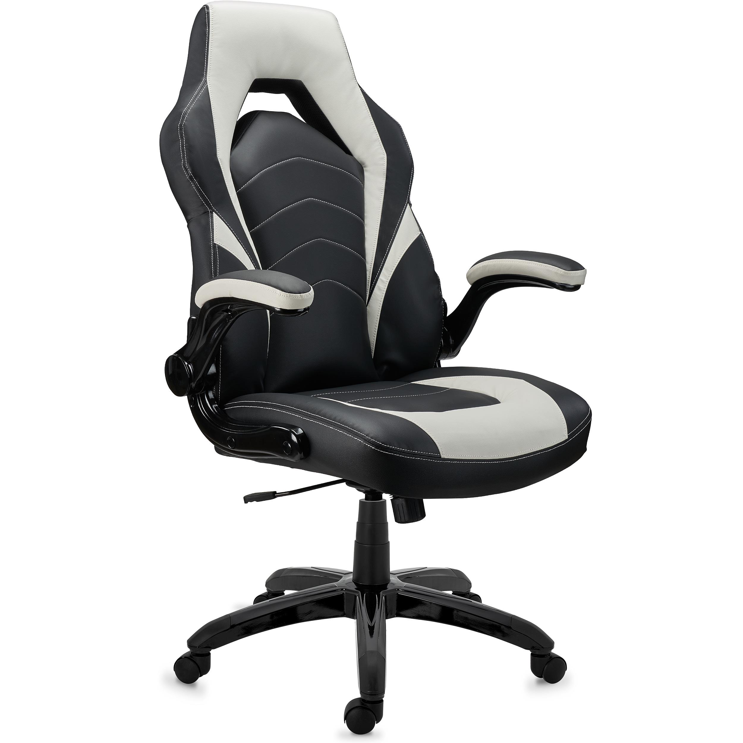 Gaming-Stuhl NITRO, dicke Polsterung, klappbare Armlehnen, Lederbezug, Farbe Schwarz / Weiß