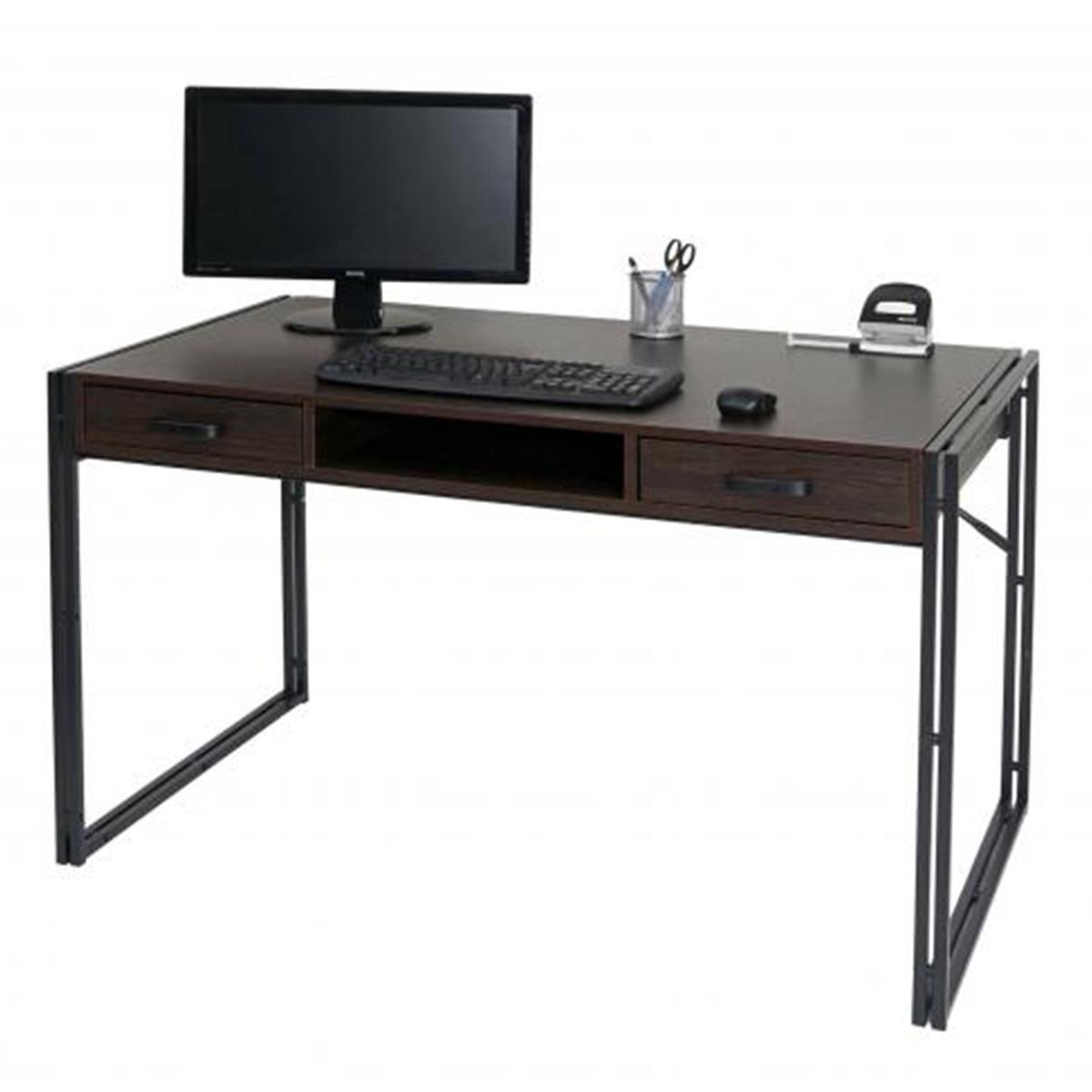 Schreibtisch OLAF, 121 x 70 x 75 cm, Industriedesign mit Metalltischbeinen, Holz, Farbe Dunkelbraun