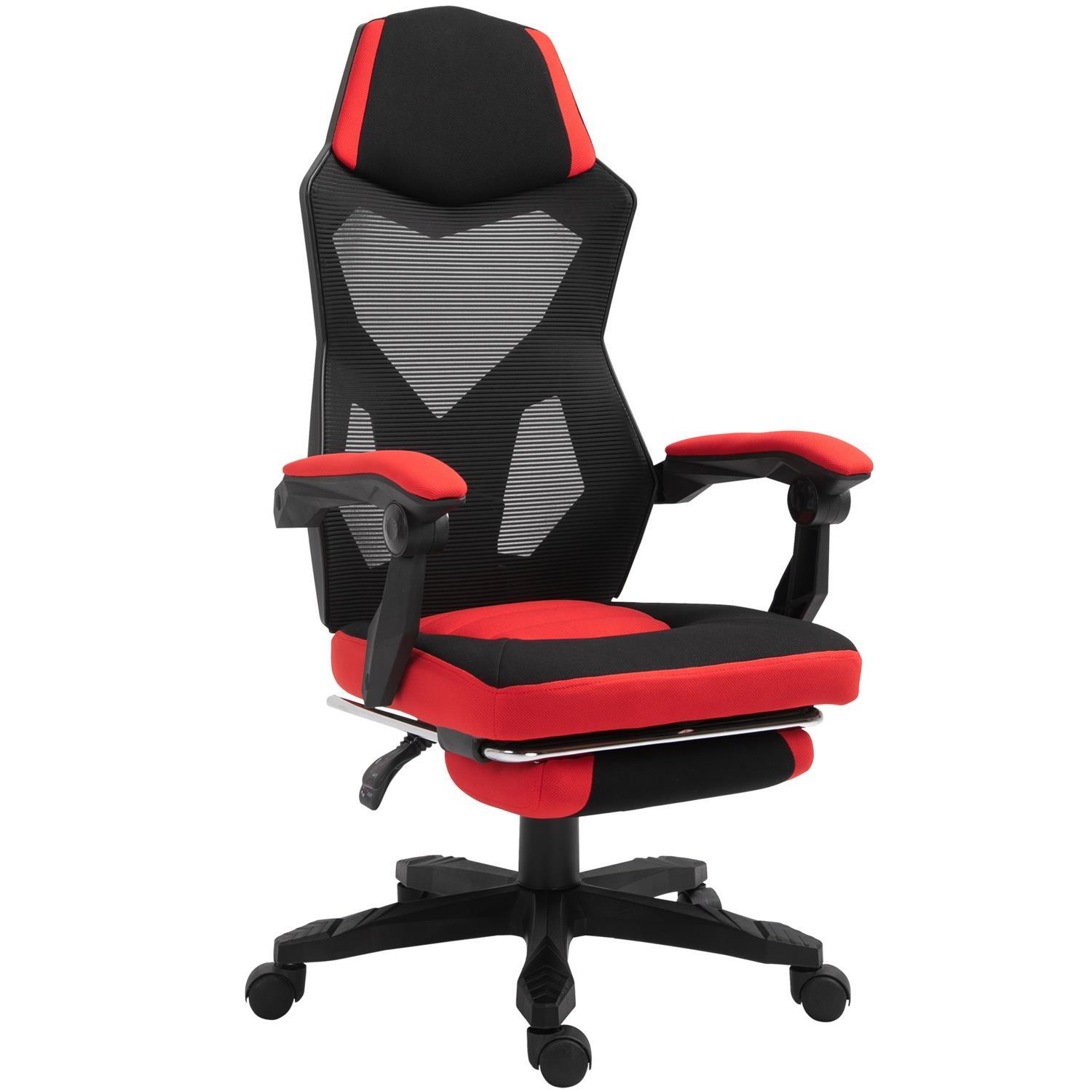 Gaming-Stuhl BILBAO, neigbare Rückenlehne, ausziehbare Fußablage, atmungsaktiver Netzstoff, Farbe Schwarz / Rot
