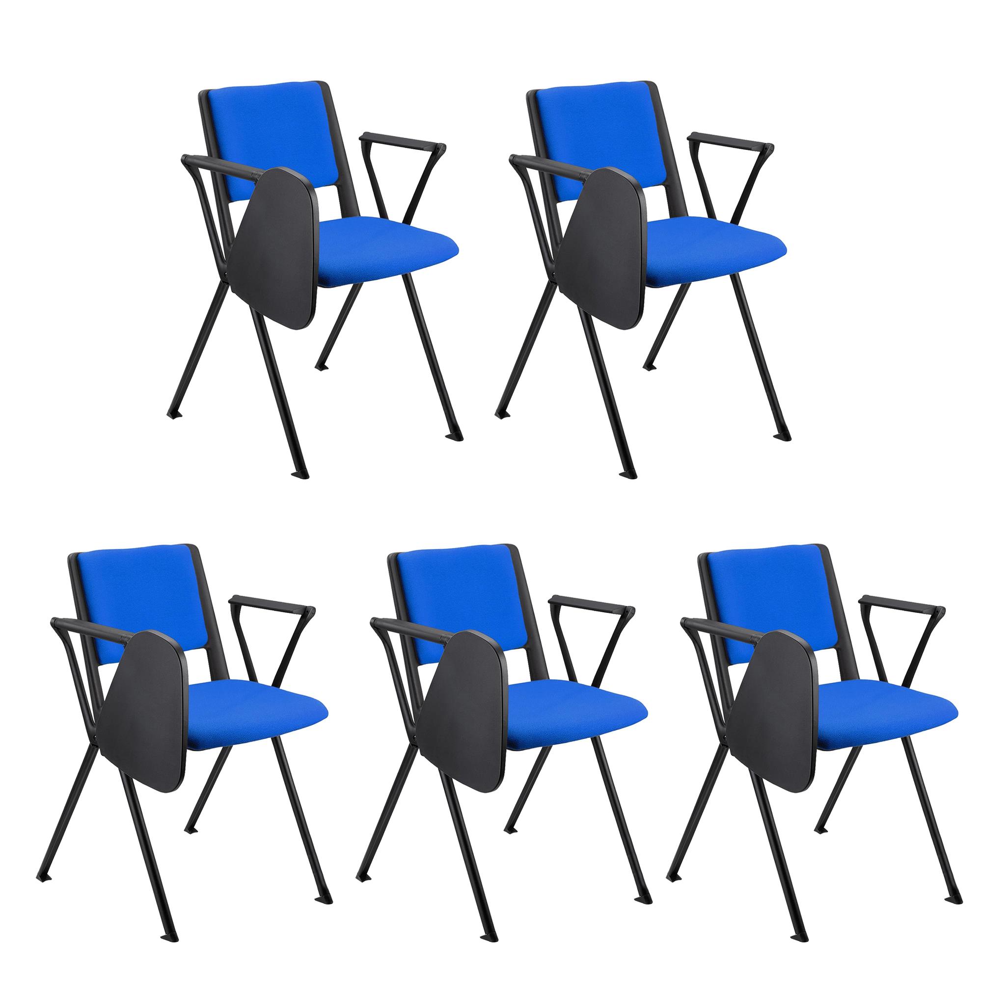 Im 5er-Set: Konferenzstuhl CARINA MIT SCHREIBBRETT, stapel- und reihenverbindbar, schwarzes Stahlgestell, Stoffbezug Farbe Blau