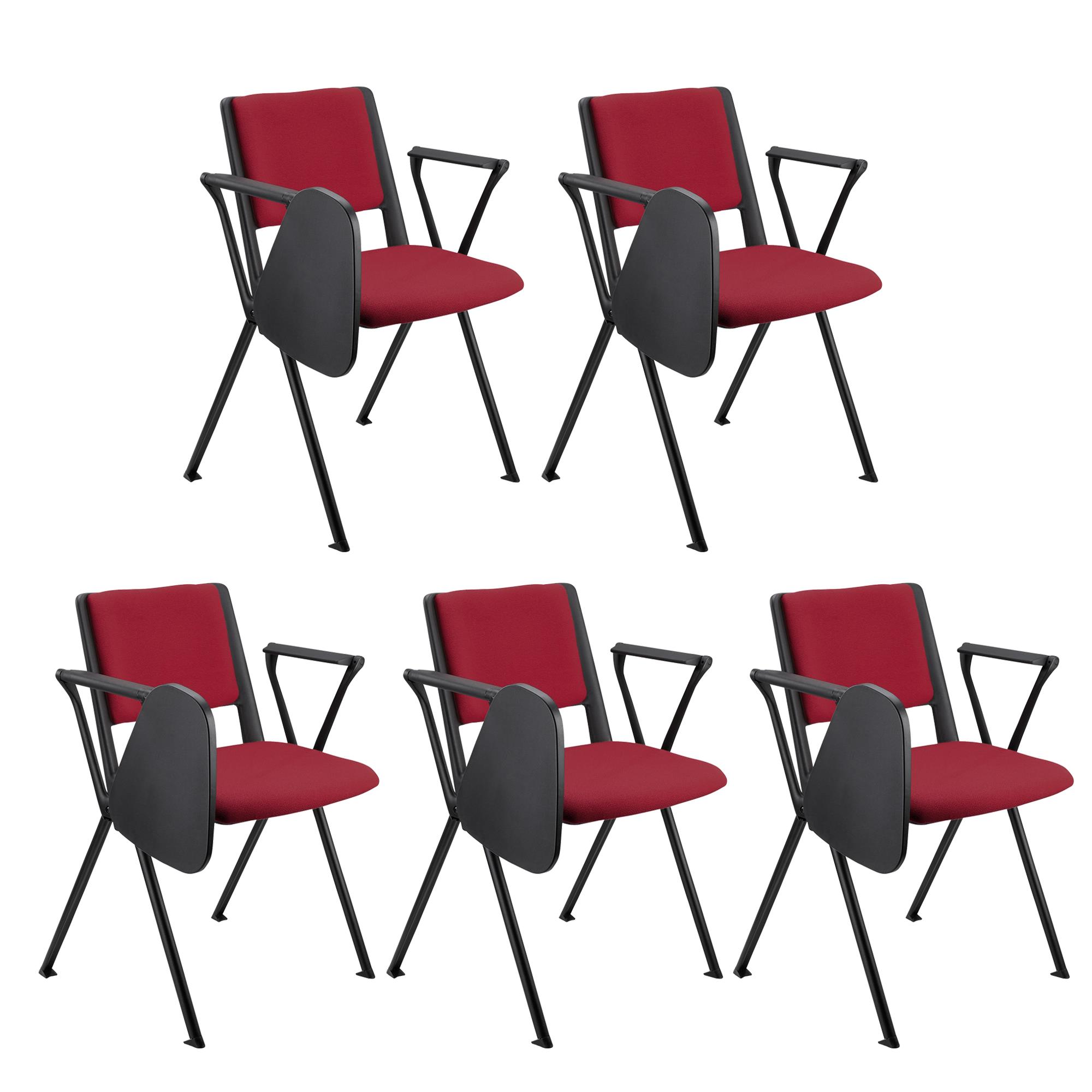 Im 5er-Set: Konferenzstuhl CARINA MIT SCHREIBBRETT, stapel- und reihenverbindbar, schwarzes Stahlgestell, Stoffbezug Farbe Burgund