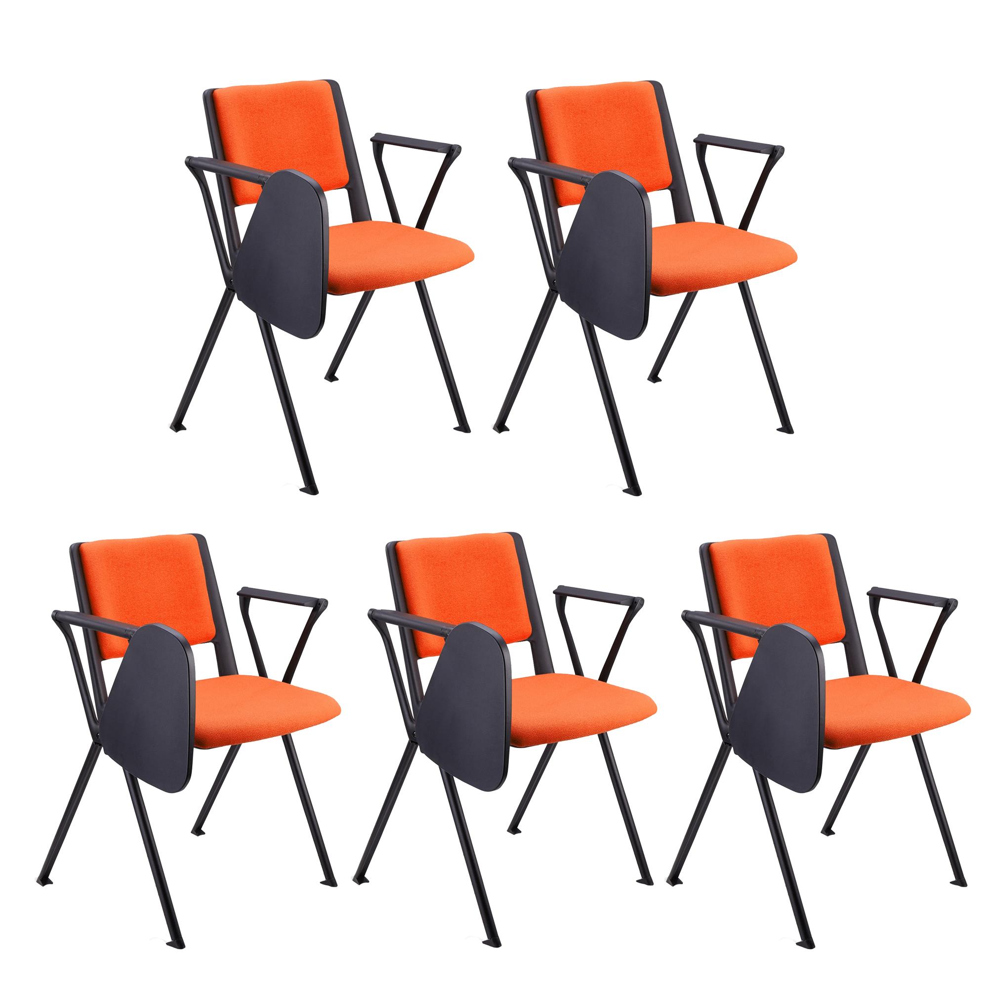 Im 5er-Set: Konferenzstuhl CARINA MIT SCHREIBBRETT, stapel- und reihenverbindbar, schwarzes Stahlgestell, Stoffbezug Farbe Orange