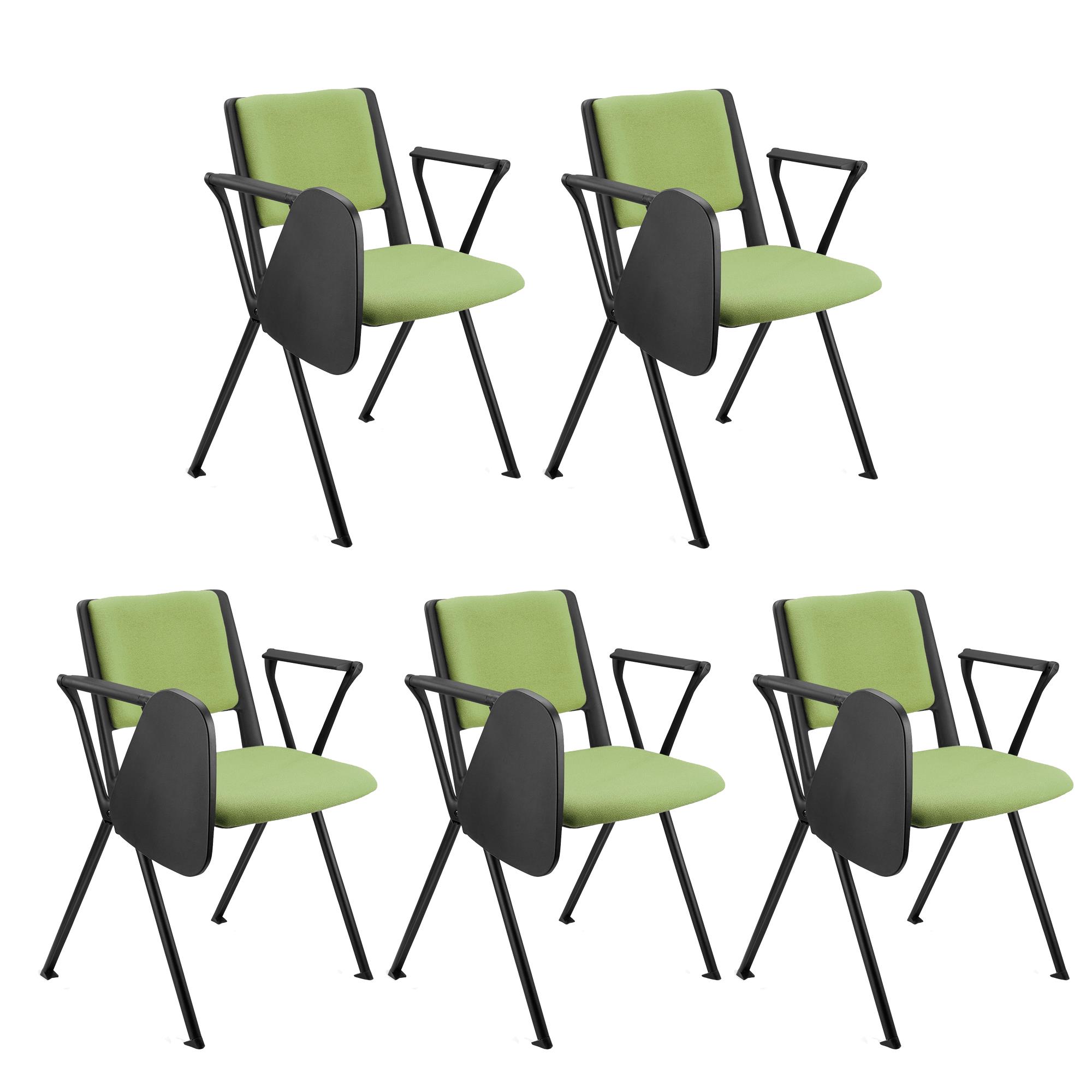 Im 5er-Set: Konferenzstuhl CARINA MIT SCHREIBBRETT, stapel- und reihenverbindbar, schwarzes Stahlgestell, Stoffbezug Farbe Grün