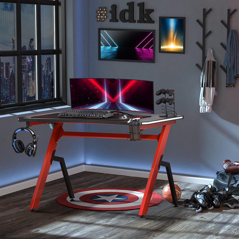 Gaming-Computertisch ALEXIS LED, Abmessungen 122x66x76 cm, Metall und Holz, Farbe Rot/ Schwarz