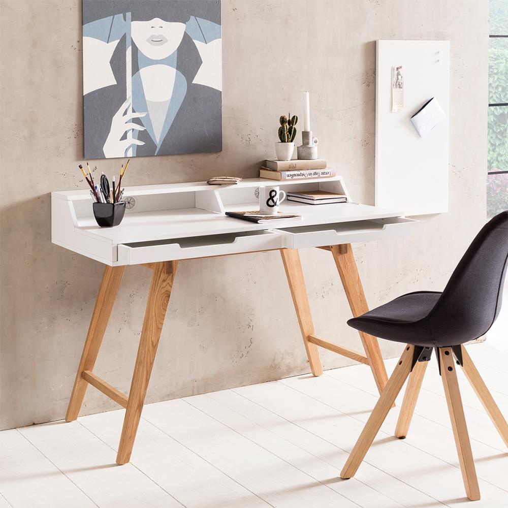 Schreibtisch KATEN, 110x85x80 cm, skandinavisches Design, Füße aus Eiche, Weiß