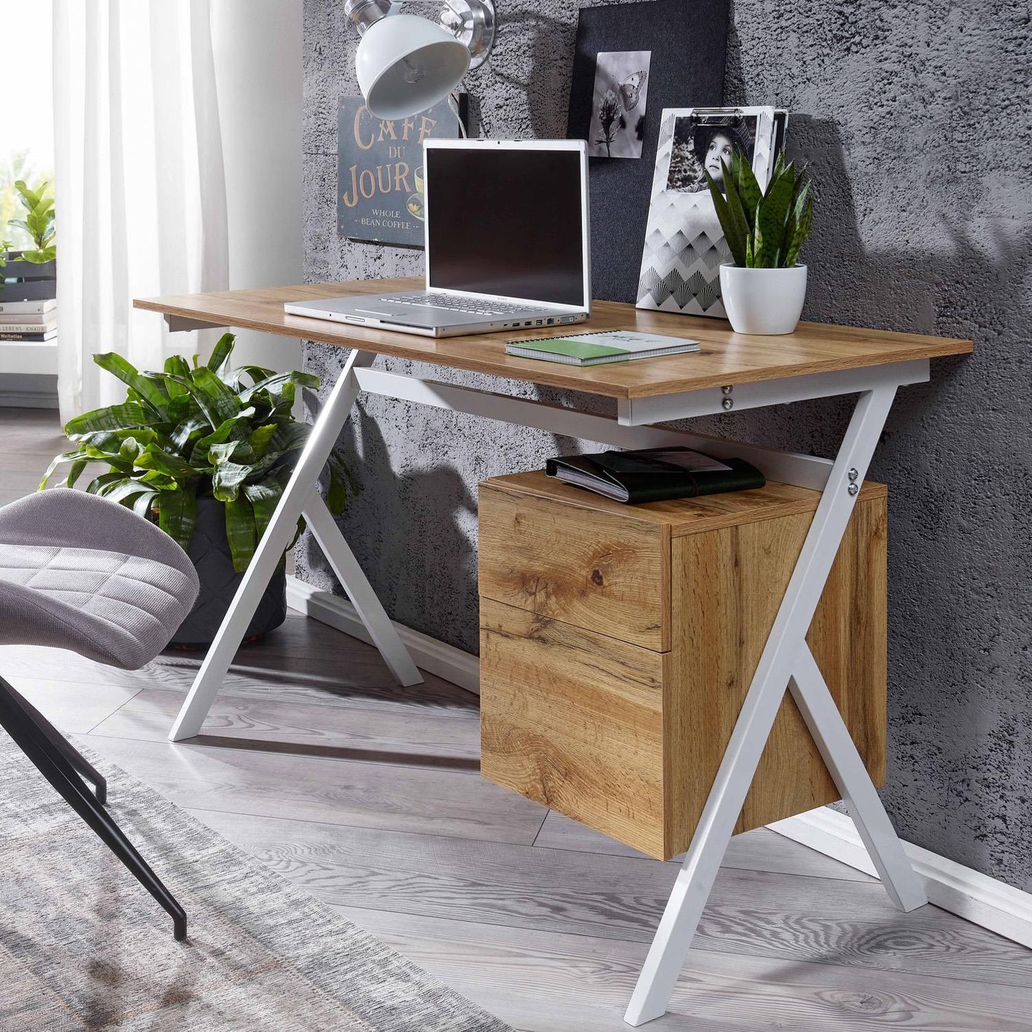 Schreibtisch EPSILON, Abmessungen 120x60x76 cm, mit Schublade und Schrankfach, Metallgestell mit Holz, Farbe Eiche