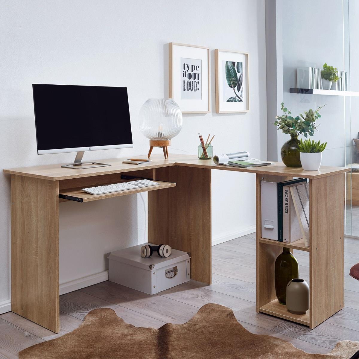 Computertisch OLONG, Abmessungen 140x120x75 cm, L-förmig mit Regalböden, Holz, Farbe Eiche