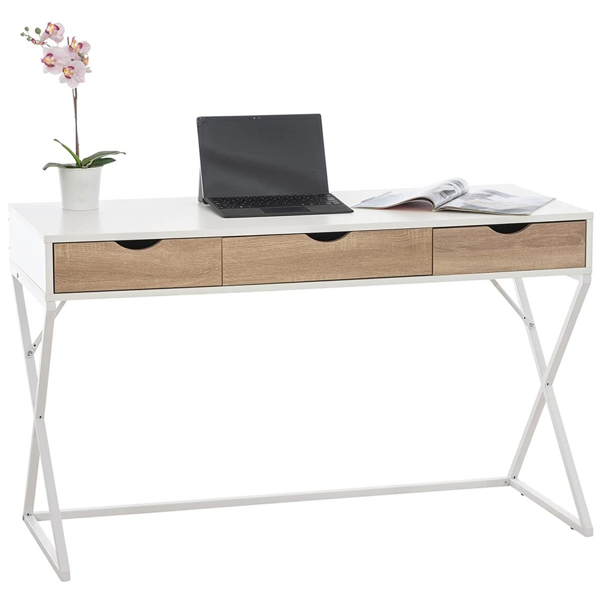 Computertisch NIRVANA, Klassischer Stil, Abmessungen 120x50x74cm, aus Metall und Holz, Weiß und Eiche