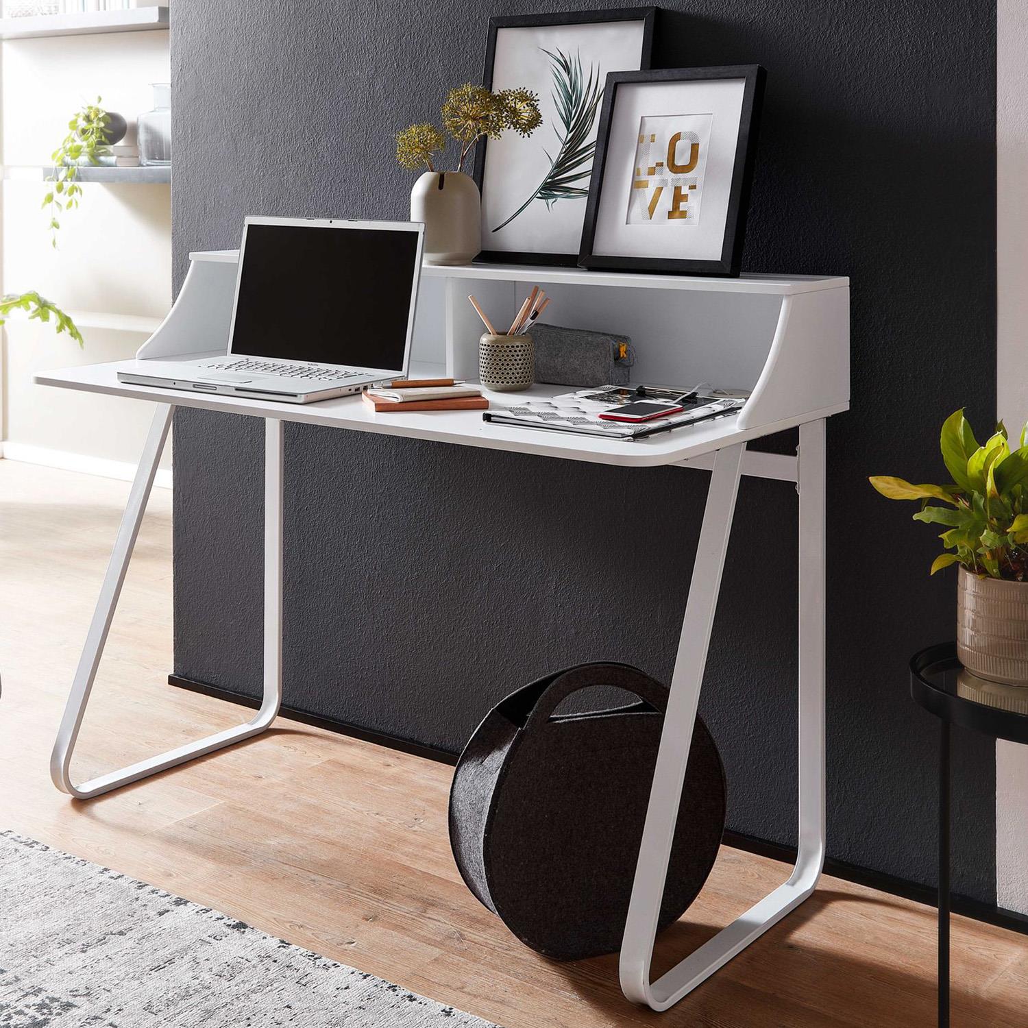 Computertisch ROUNDY, Abmessungen 120x60x92 cm, modernes Design, Metall und Holz, Farbe Weiß