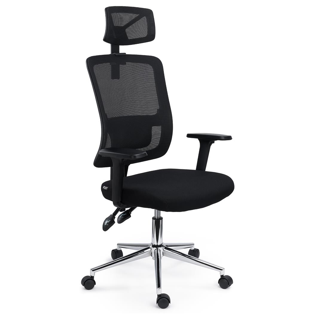 Ergonomischer Bürostuhl MISTIC C, exklusives Design mit Kopfstütze, gepolsterte Lordosenstütze, Metallfußkreuz , Farbe Schwarz