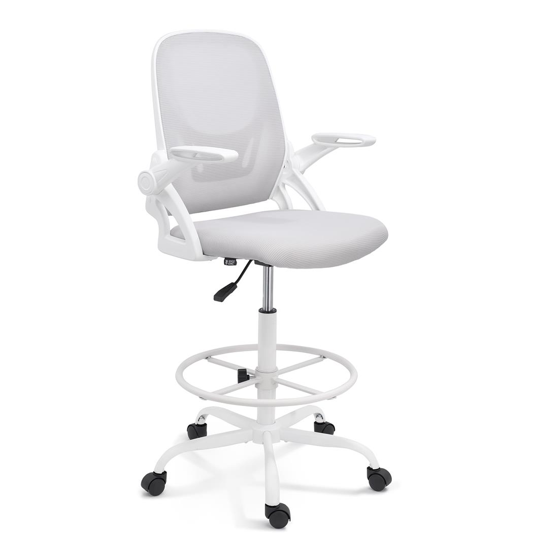 Bürohocker GEAR, klappbare Armlehnen, Fußring, weißes Gestell, Stoffbezug Farbe Grau