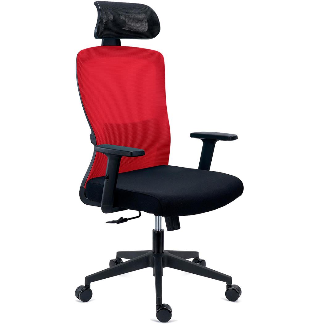 Ergonomischer Bürostuhl NOTE PRO, 8h Nutzung, verstellbare Lordosenstütze, Kopfstütze,  Netzstoff und Stoff, Rot