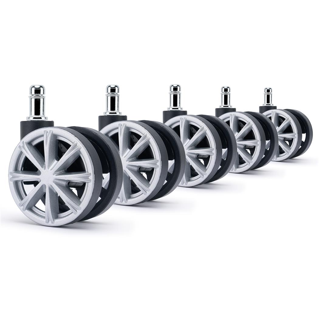 5er Set Bürostuhlrollen H4, 11 x 50 mm, Speichendesign, schwarz/grau