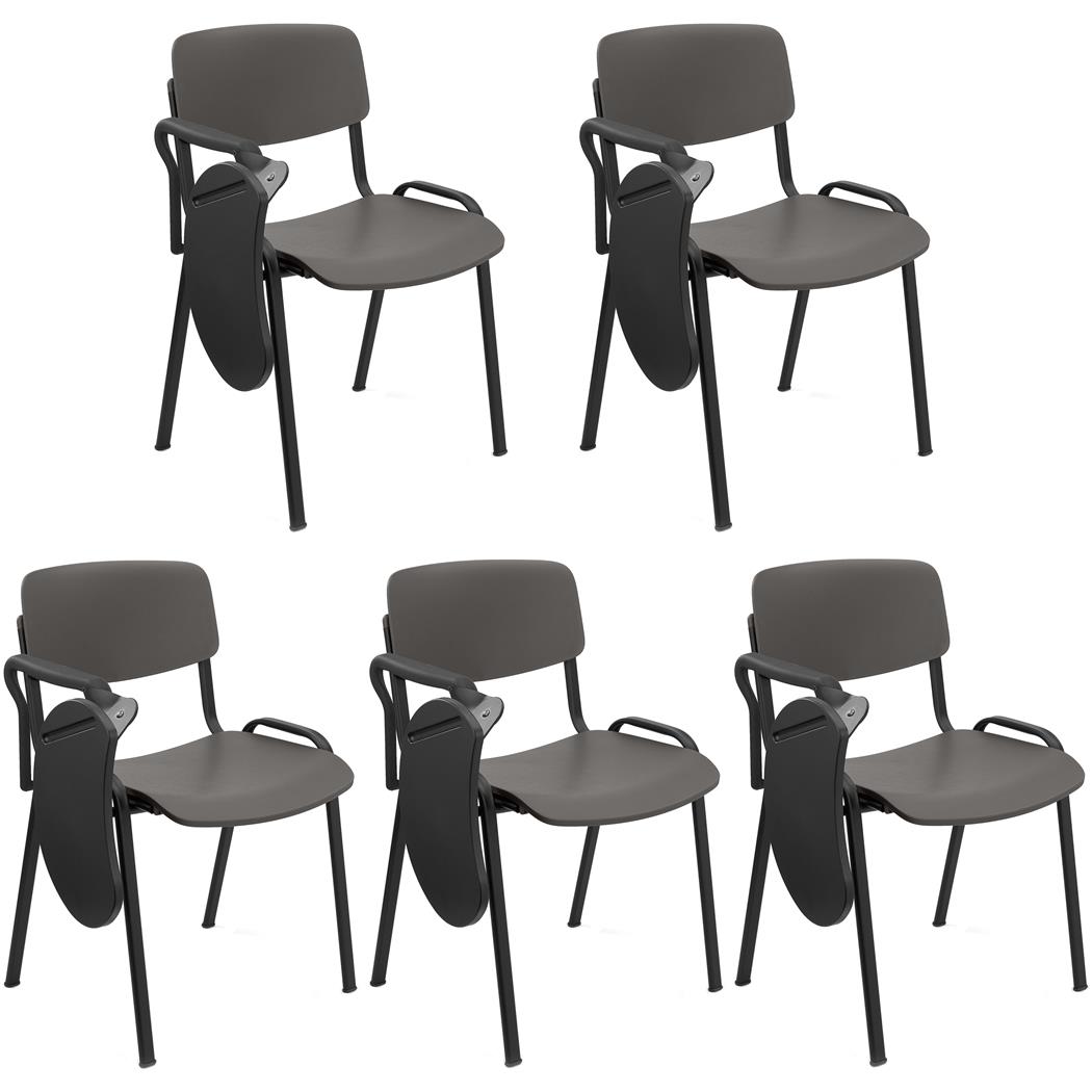 5er Set Konferenzstuhl MILKY mit Schreibbrett, schönes schlichtes Design, stapelbar, schwarze Stuhlbeine, Kunststoff, Farbe Grau