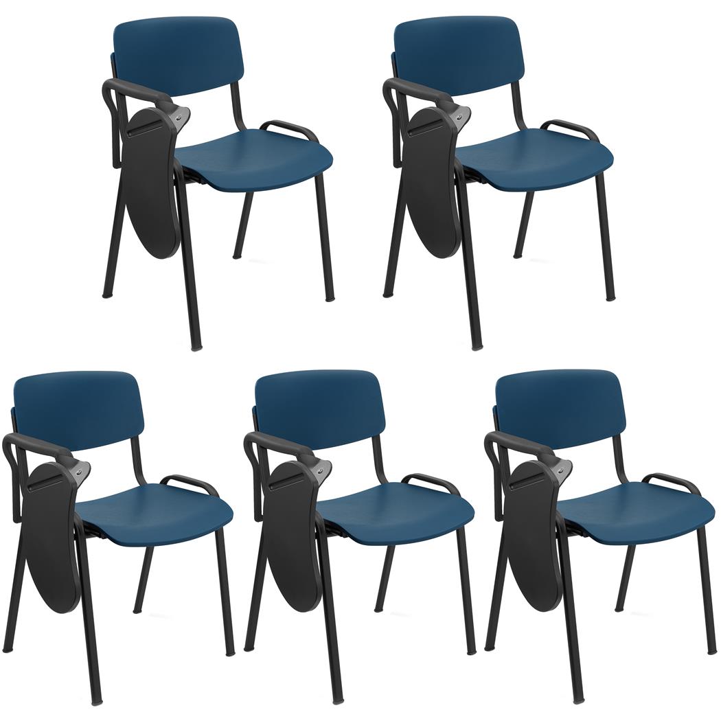 5er Set Konferenzstuhl MILKY mit Schreibbrett, schönes schlichtes Design, stapelbar, schwarze Stuhlbeine, Kunststoff, Farbe Blau