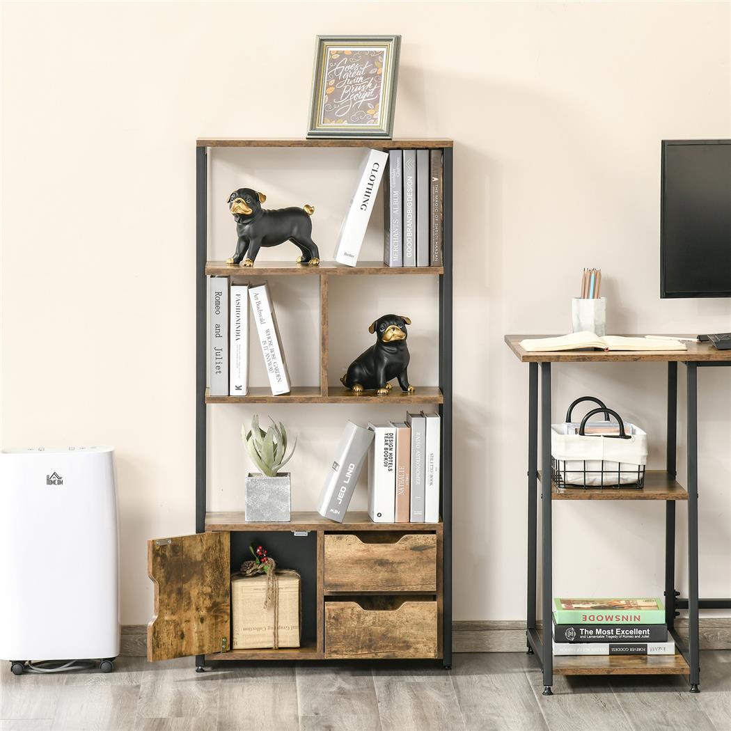 Büroregal TERA, 3 offene Fächer, Schrankfach und 2 Schubladen, 58 x 24 x 122 cm, Farbe Schwarz/ Rustik 