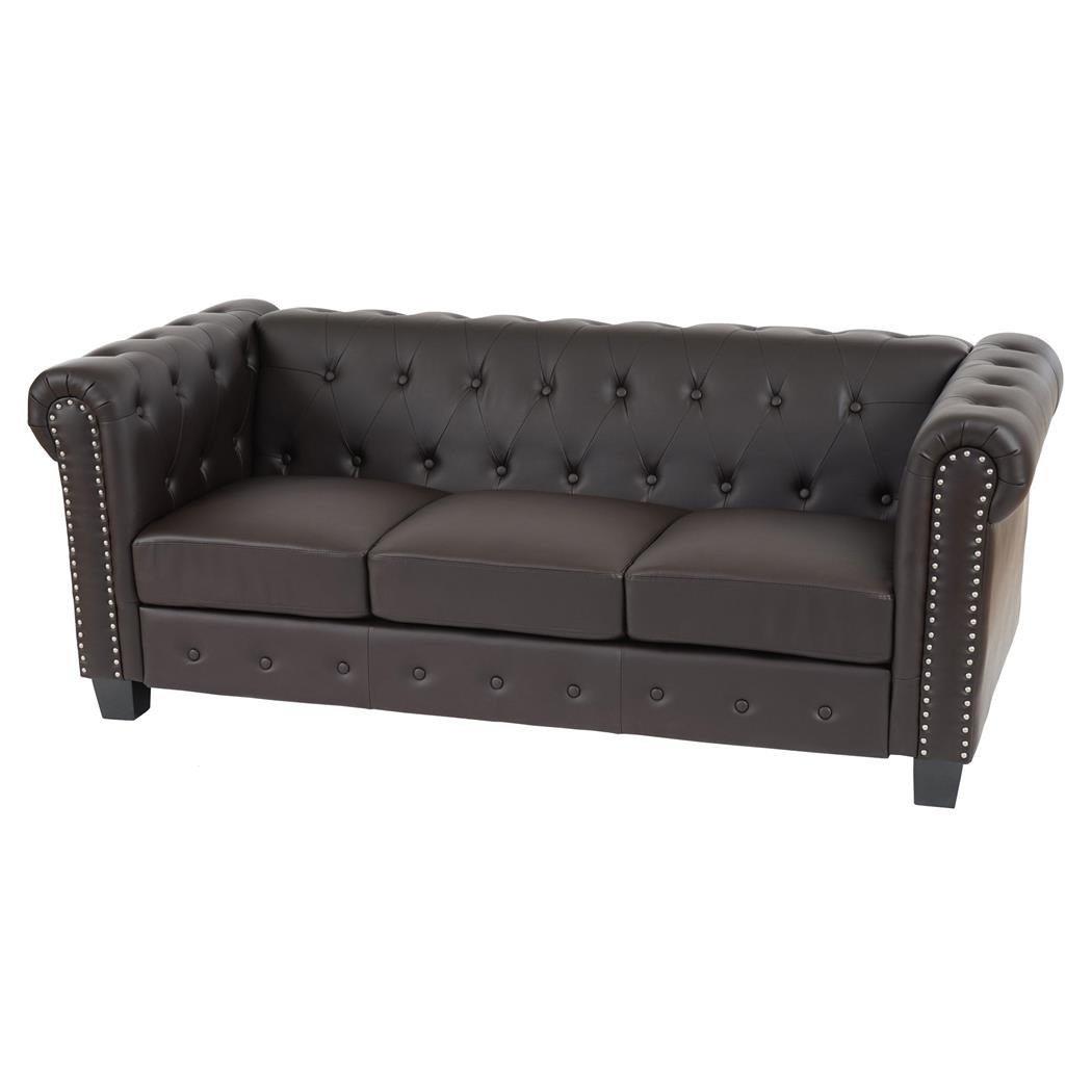 Bürosofa CHESTER, 3-Sitzer, klassisches und elegantes Design, Leder, quadratische Füße, Farbe Dunkelbraun