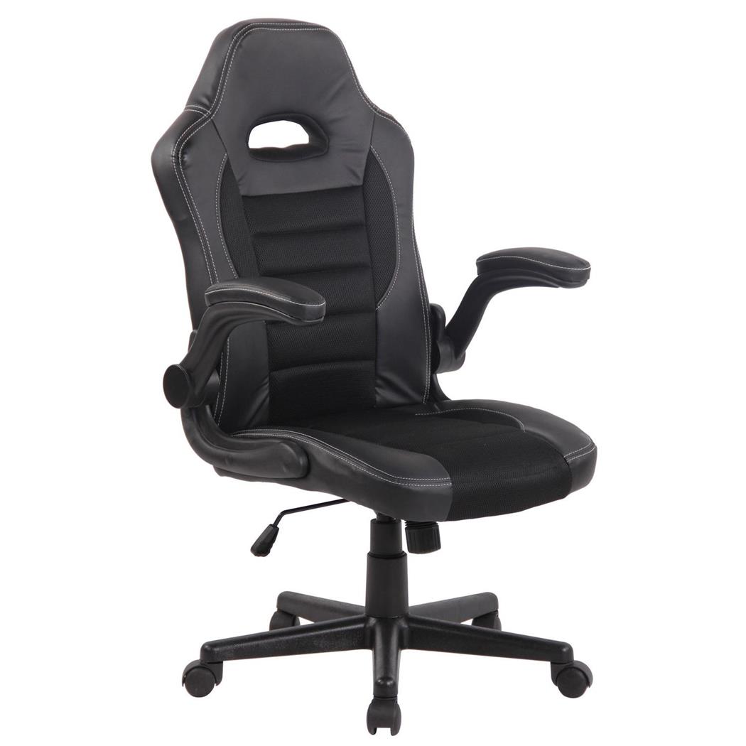 Gamingstuhl LOTUS, klappbare Armlehnen, Leder und atmungsaktiver Netzbezug, Farbe Schwarz
