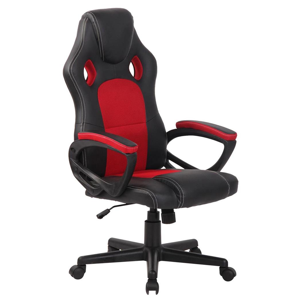 Gamingstuhl MONTMELO, spektakuläres sportliches Design, Leder- und Stoffbezug, Farbe Schwarz / Rot
