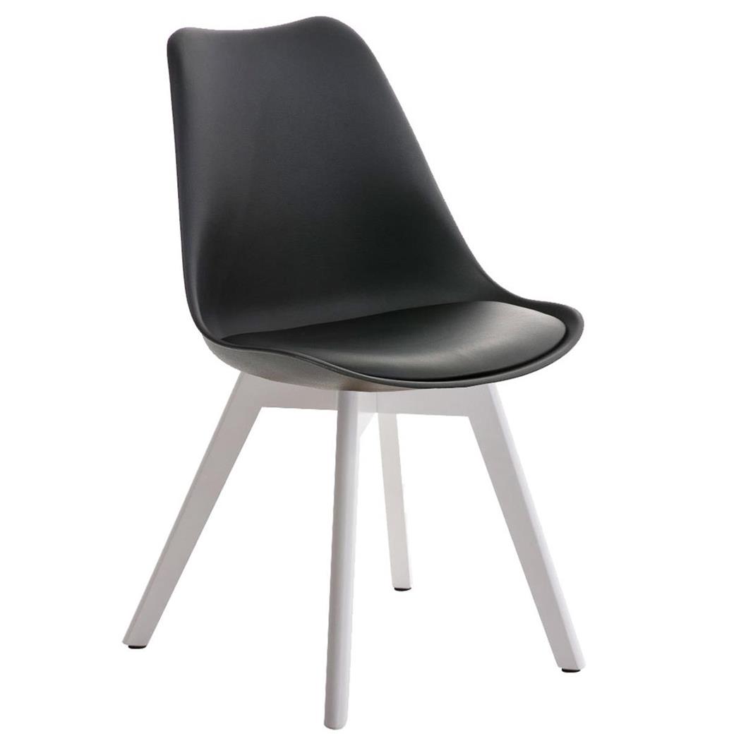 Designer-Besucherstuhl BOSPORUS, weiße Holzstuhlbeine, Sitzbezug aus Kunstleder, Gestell mit Stoffbezug, Farbe Schwarz