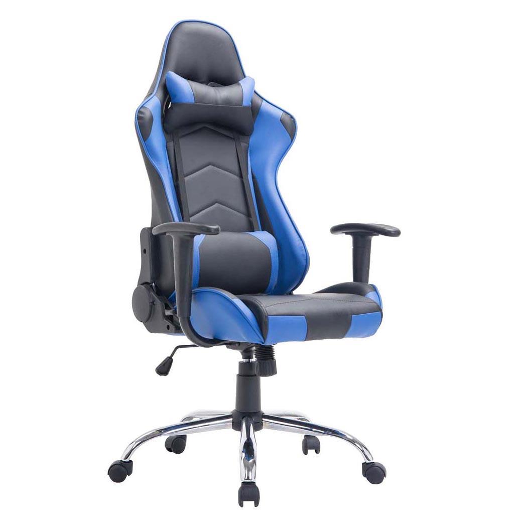 Gamingstuhl ZELDA, verstellbare Rückenlehne, Lordose- & Nackenkissen, Metallfußkreuz, Farbe Schwarz / Blau