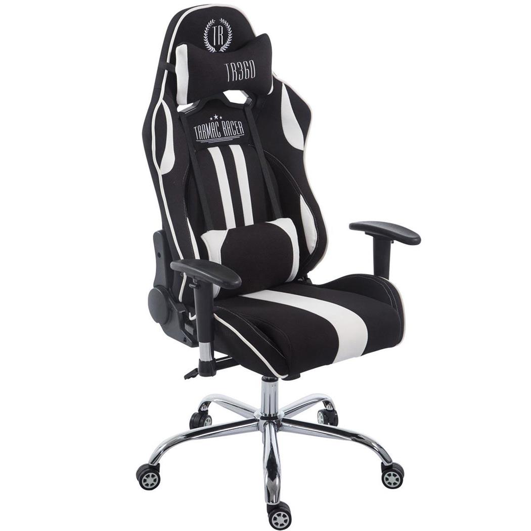 Gamingstuhl LOGAN STOFF, neigbare Rückenlehne, Nacken- & Lordosekissen, Farbe Schwarz/Weiß