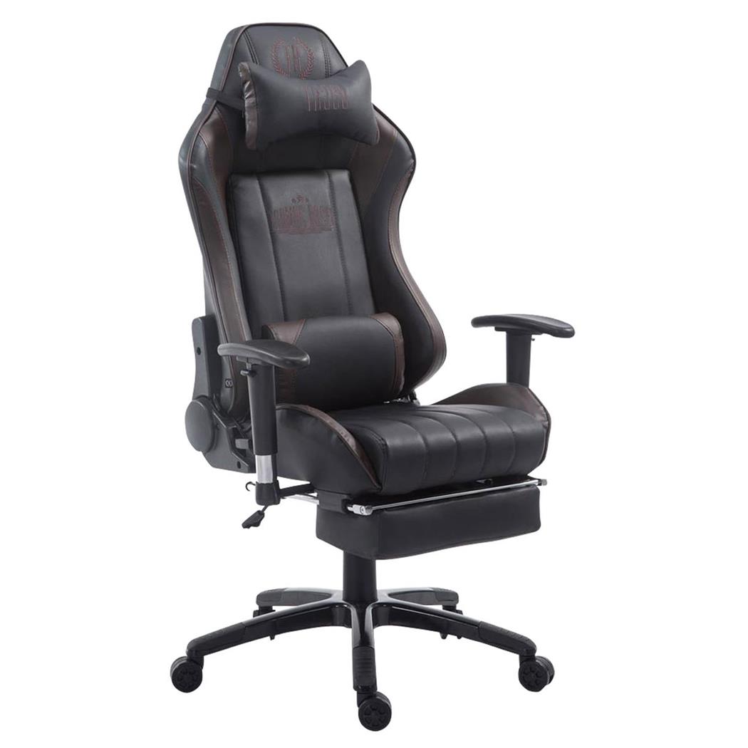 Gaming-Stuhl TURBO LEDER mit Fußablage, neigbare Rückenlehne, Nacken- und Lordosekissen, Farbe Schwarz / Braun