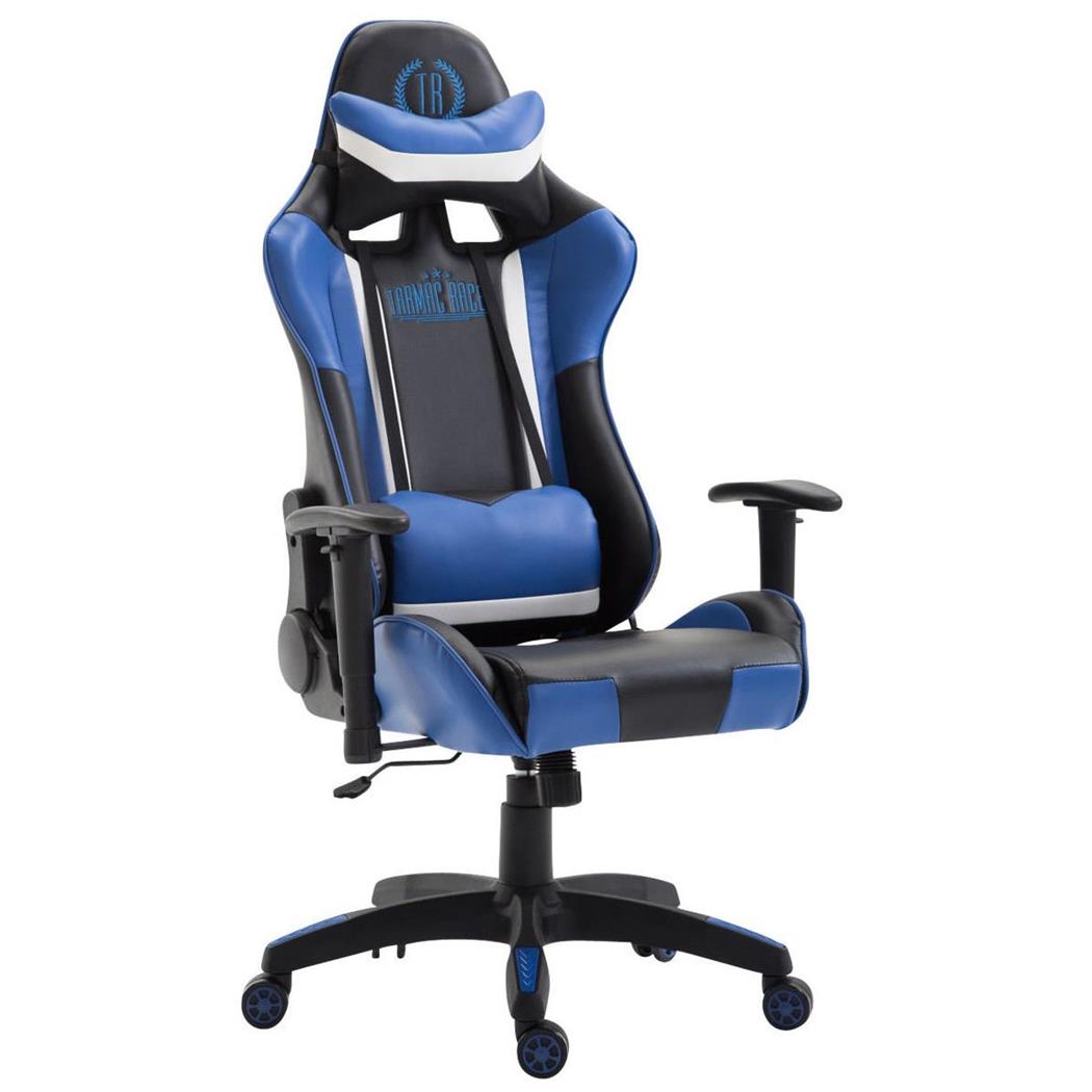 Gaming-Stuhl JEMEX, neigbare Rückenlehne, inkl. Kissen, Lederbezug, Farbe Schwarz/Blau