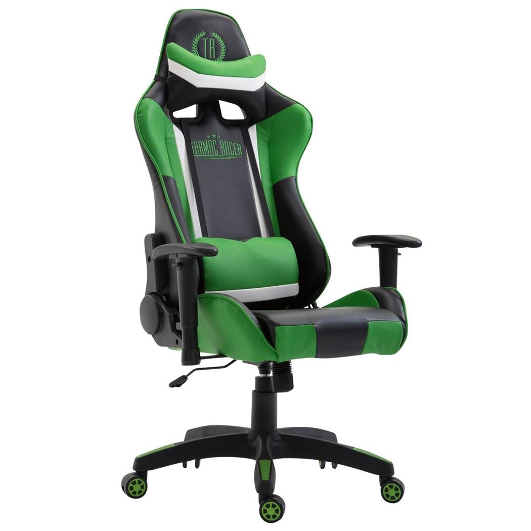 Gaming-Stuhl JEMEX, neigbare Rückenlehne, inkl. Kissen, Lederbezug, Farbe Schwarz/Grün