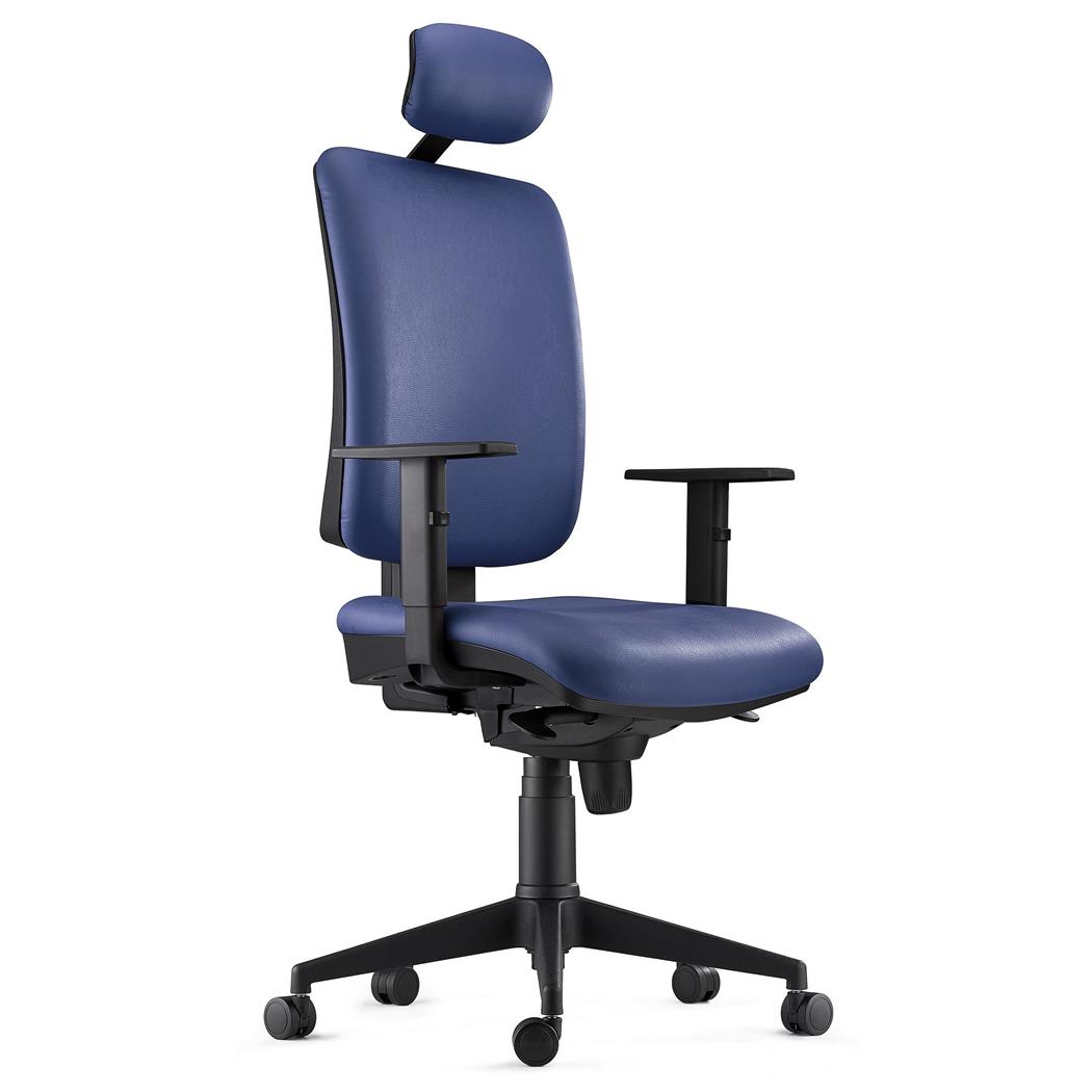 Ergonomischer Bürostuhl PIERO, mit verstellbaren Armlehnen und Kopfstütze, Naturleder Bezug, Farbe Blau