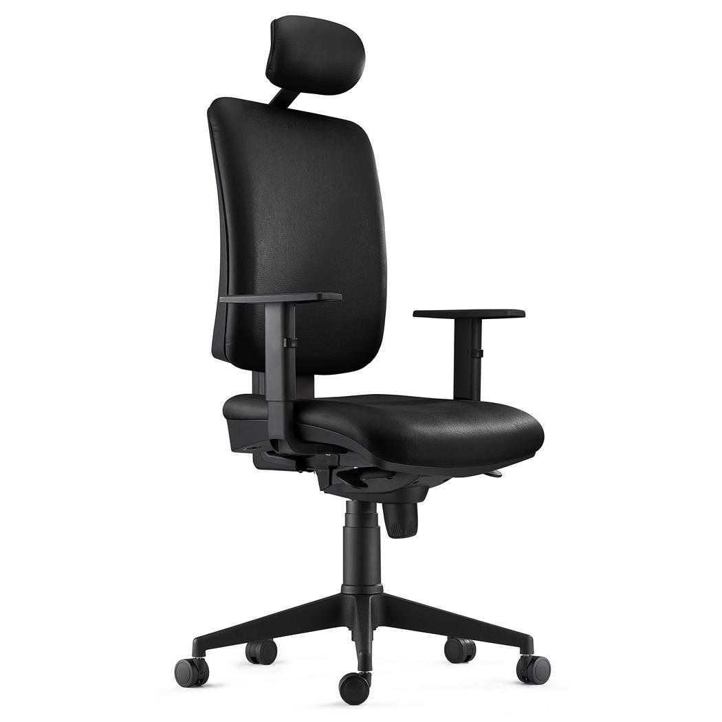 Ergonomischer Bürostuhl PIERO, mit verstellbaren Armlehnen und Kopfstütze, Naturleder Bezug, Farbe Schwarz