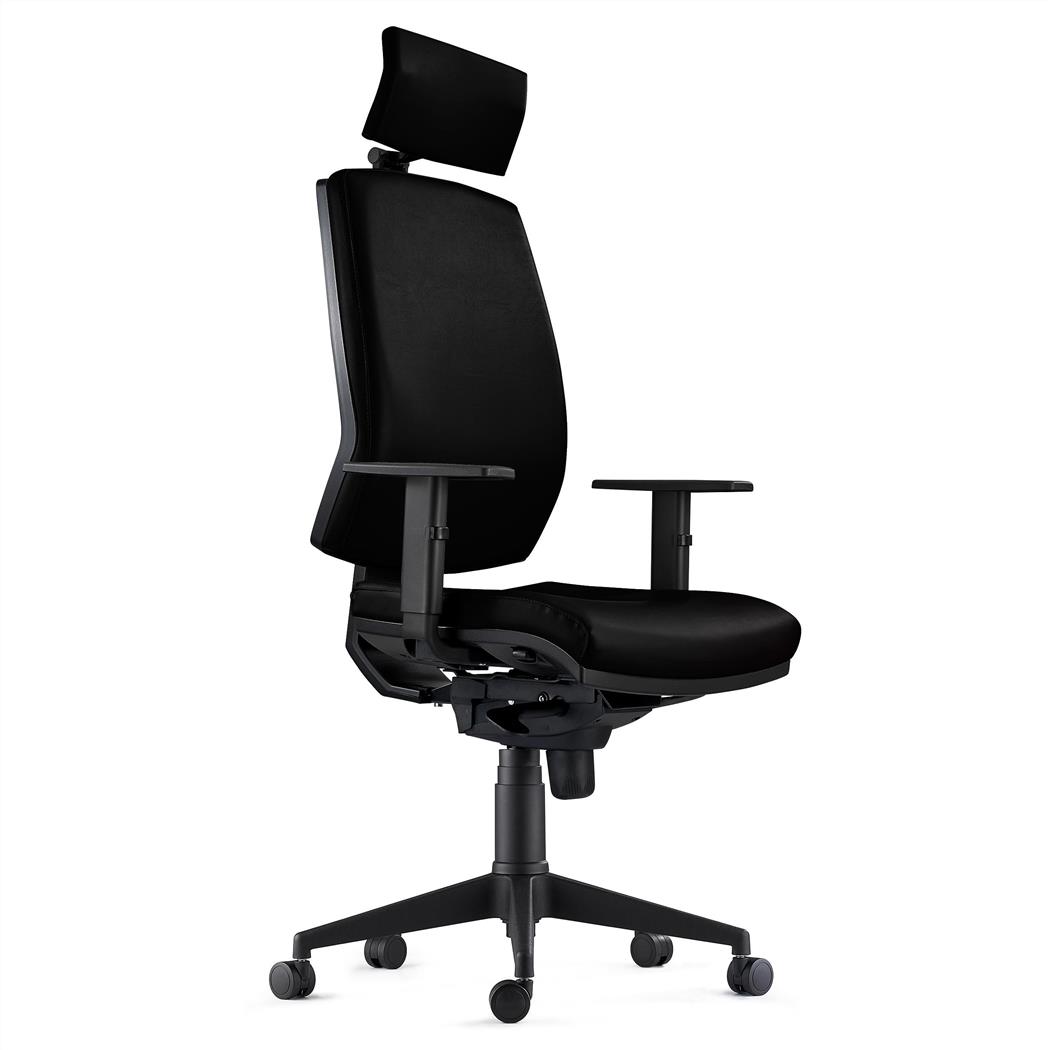 Ergonomischer Bürostuhl OLIVER ECHTLEDER mit Kopfstütze, 8h-Nutzung, dicke Polsterung, Farbe Schwarz