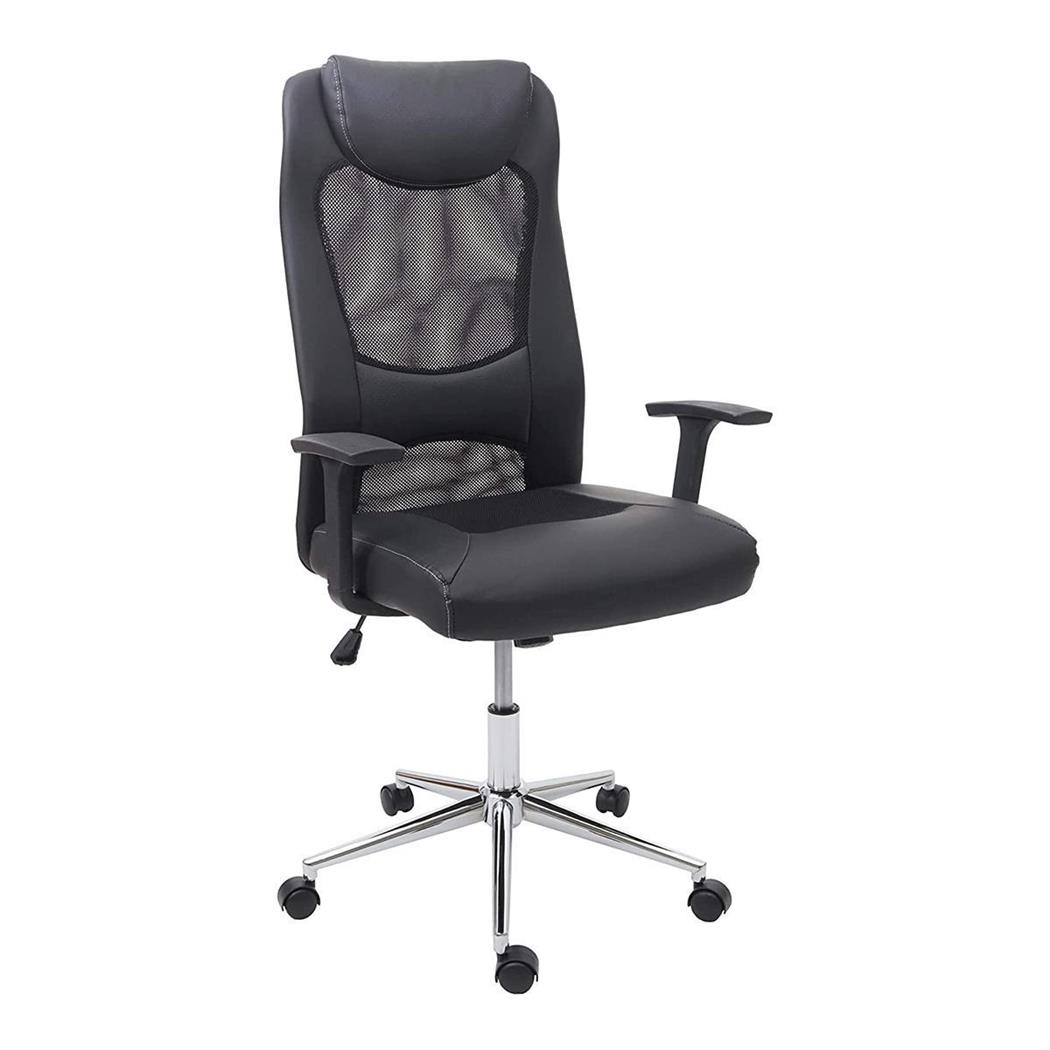 Bürostuhl TRISTAN, Wippmechanik, atmungsaktives Netz und Leder, Schwarz