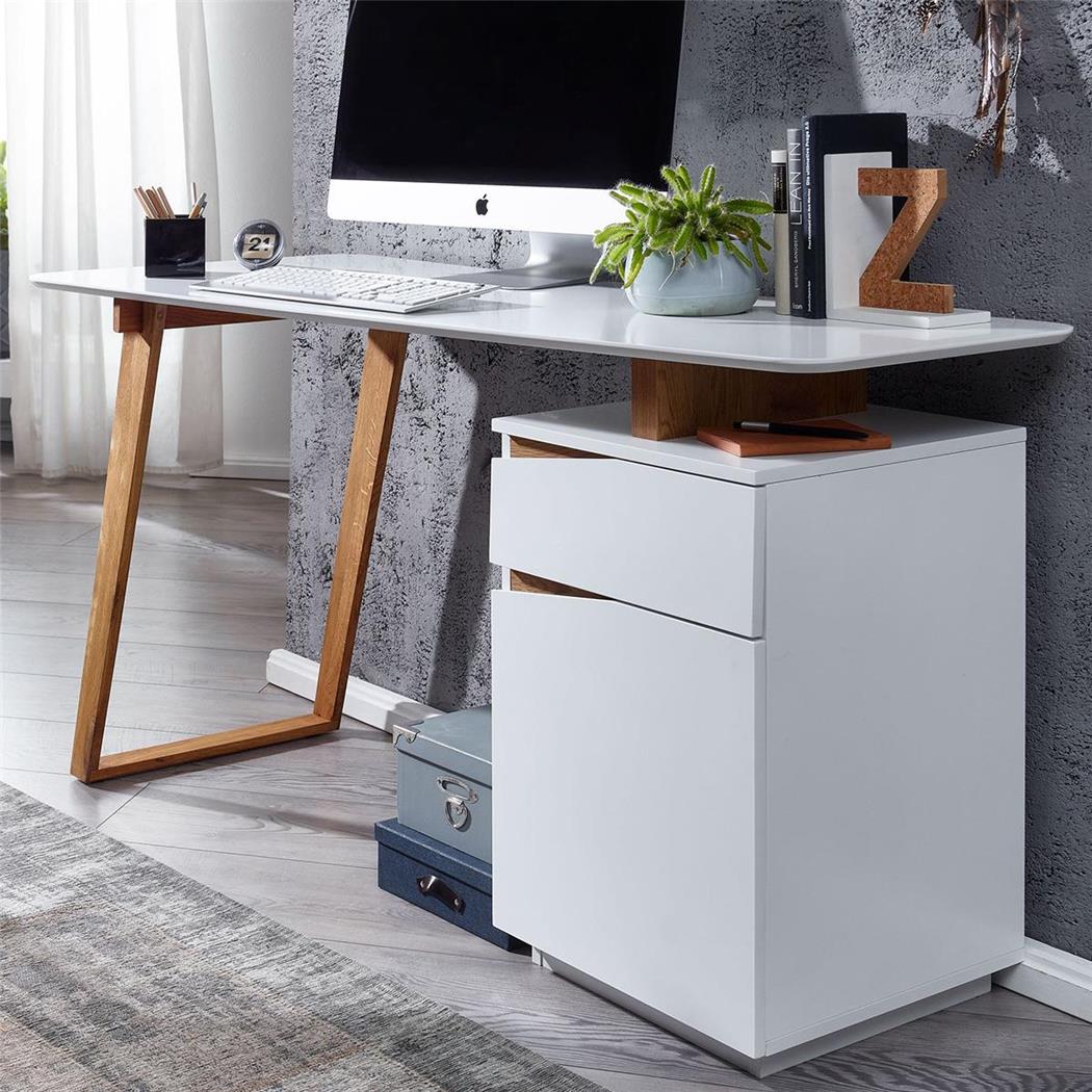Büroschreibtisch LAIENE, Abmessungen140x58/45x76 cm, innovatives Design, mit Schublade und Unterschrank, Holz, Farbe Weiß