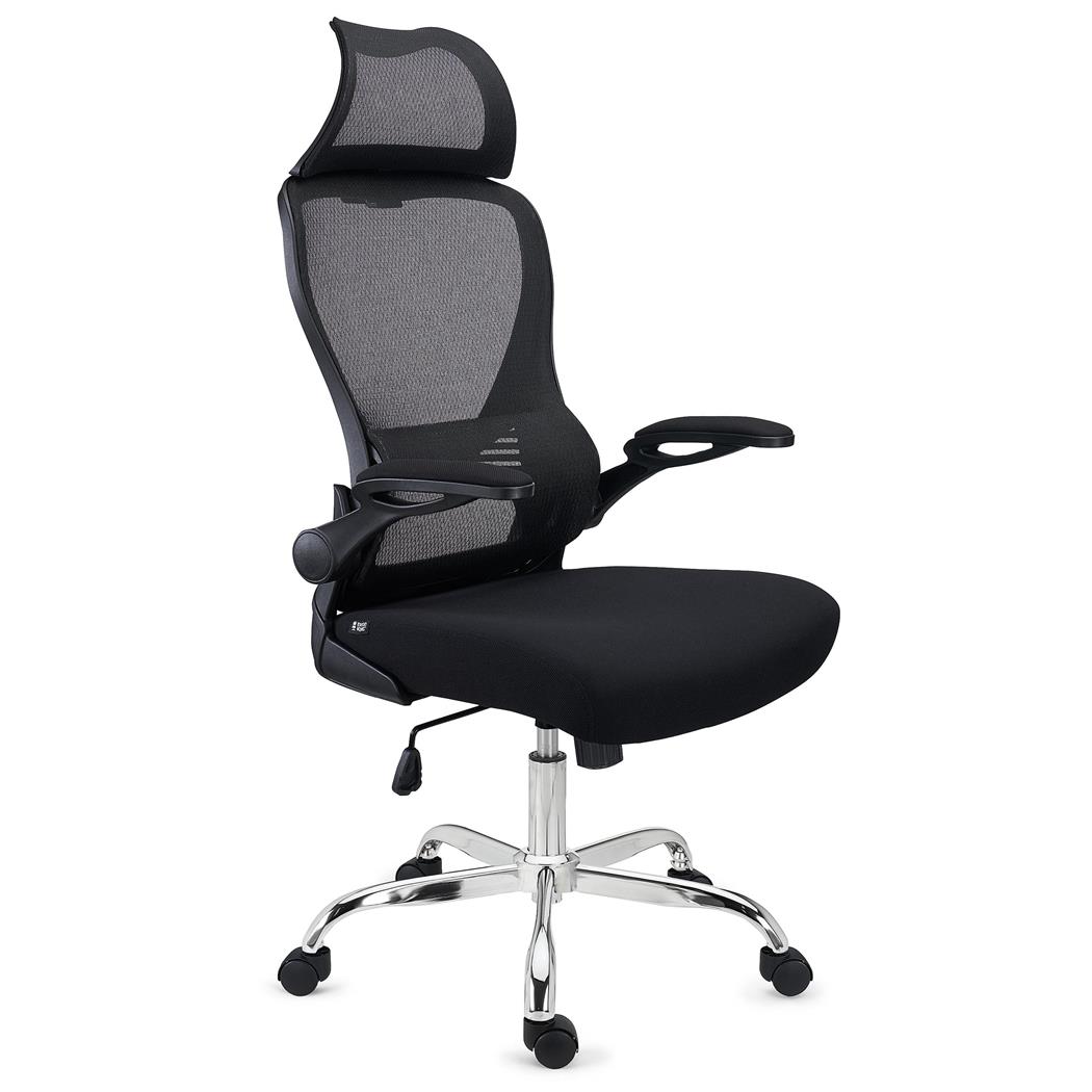 DEMO# Ergonomischer Bürostuhl CORFU, Kopfstütze, klappbare Armlehnen, ergonomisches Design, Farbe Schwarz