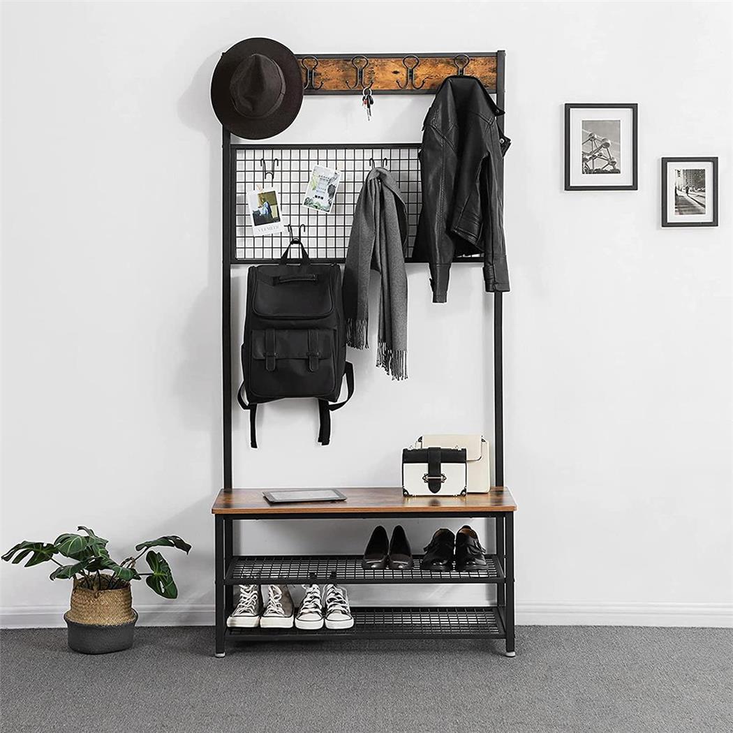 Garderobenständer OMERA, 92x41,5x187 cm, mit Ablagen, industrieller Stil, Metall und Holz, Farbe Rustik